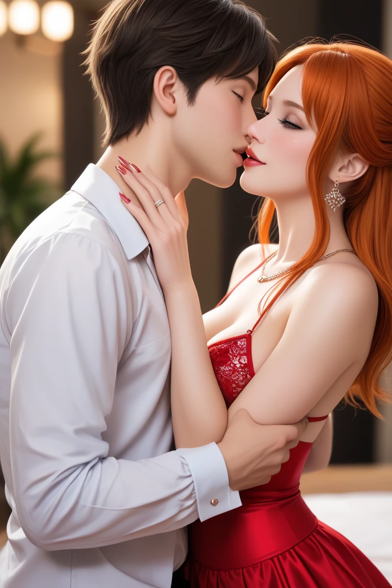 , Fellatio. genuflection)), 1boy, Thick , Masterpiece, Best Quality, absurdress, hight resolution, 4k, Ray Tracing, intricate details, Highly detailed, (1girl:a perfect face, Cute, small breasts, long red hair, Petite)