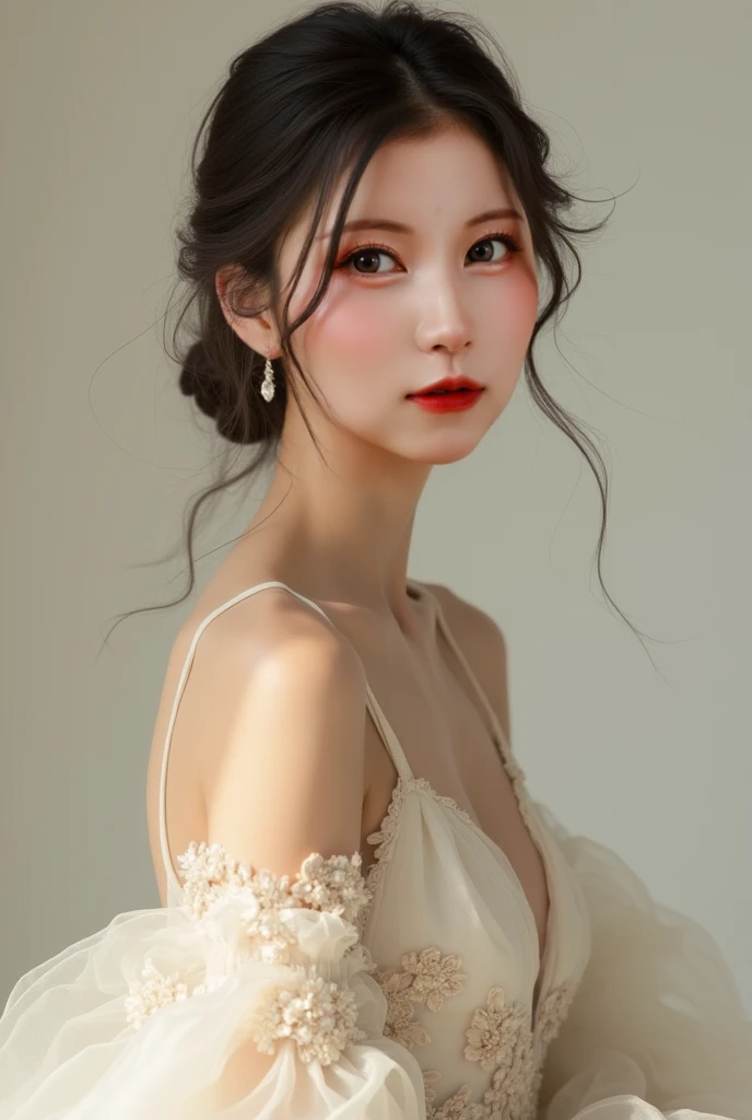 beste-Qualit, master-piece, ultra-high resolution, (photorealistic portrait:1.4), raw picture, 1 Korean Girl,white dress,Show your shoulders., In the dark, Deep Shadows, Low key, cold light,A Beautiful Girl ,nice skin ,cosmetic style,show to much skin
