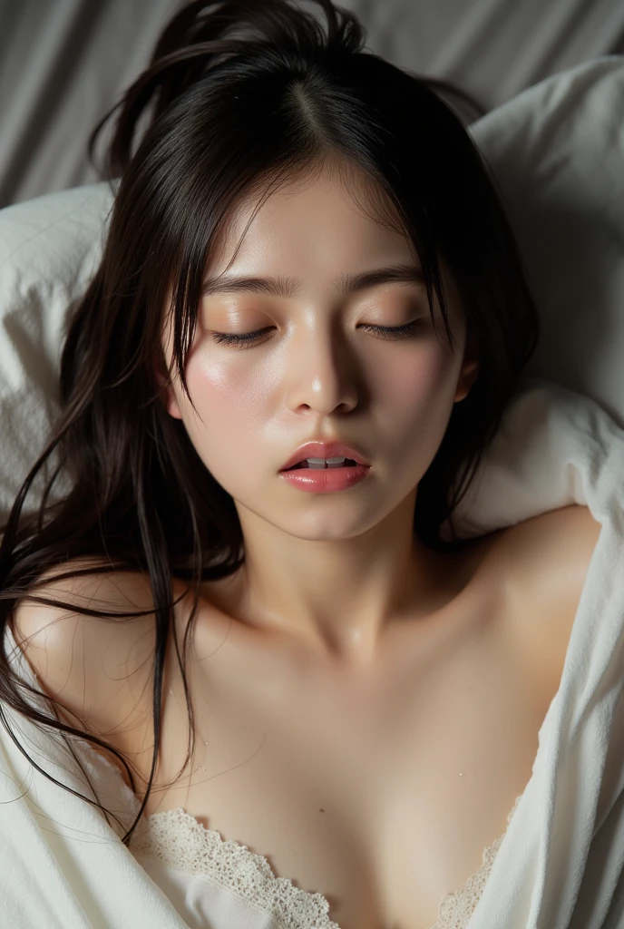 ((Poor North Koreans in the countryside)) One Woman (A dark basement that was bombed) ((Full nudity))、Married Woman、((Photographed from above while lying on your back in bed))、((Depressed:1.7))、cry、((Glare))、(Photorealistic)、Dirt、((Saggy super big breasts))、Concrete wall、(Sweaty skin) ((No makeup))、(Real Face))、((No makeup))、((Full nudity))、Mature Woman Mom Mother (50 years old) Stains (Wet, messy, loose hair) (fear:1.5) ((Pregnant women)) (be scared:1.1)
