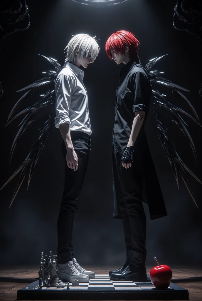 Light Yagami and L standing face to face in a dark, high-contrast room, intense eye contact, subtle tension between them, Light smirking with confidence, L calm but suspicious, dramatic lighting from above, chessboard between them, symbolic red apple on the side, realistic anime style, gothic atmosphere, cinematic composition, soft shadows, high detail, emotional storytelling, masterpiece, 4k, artstation style