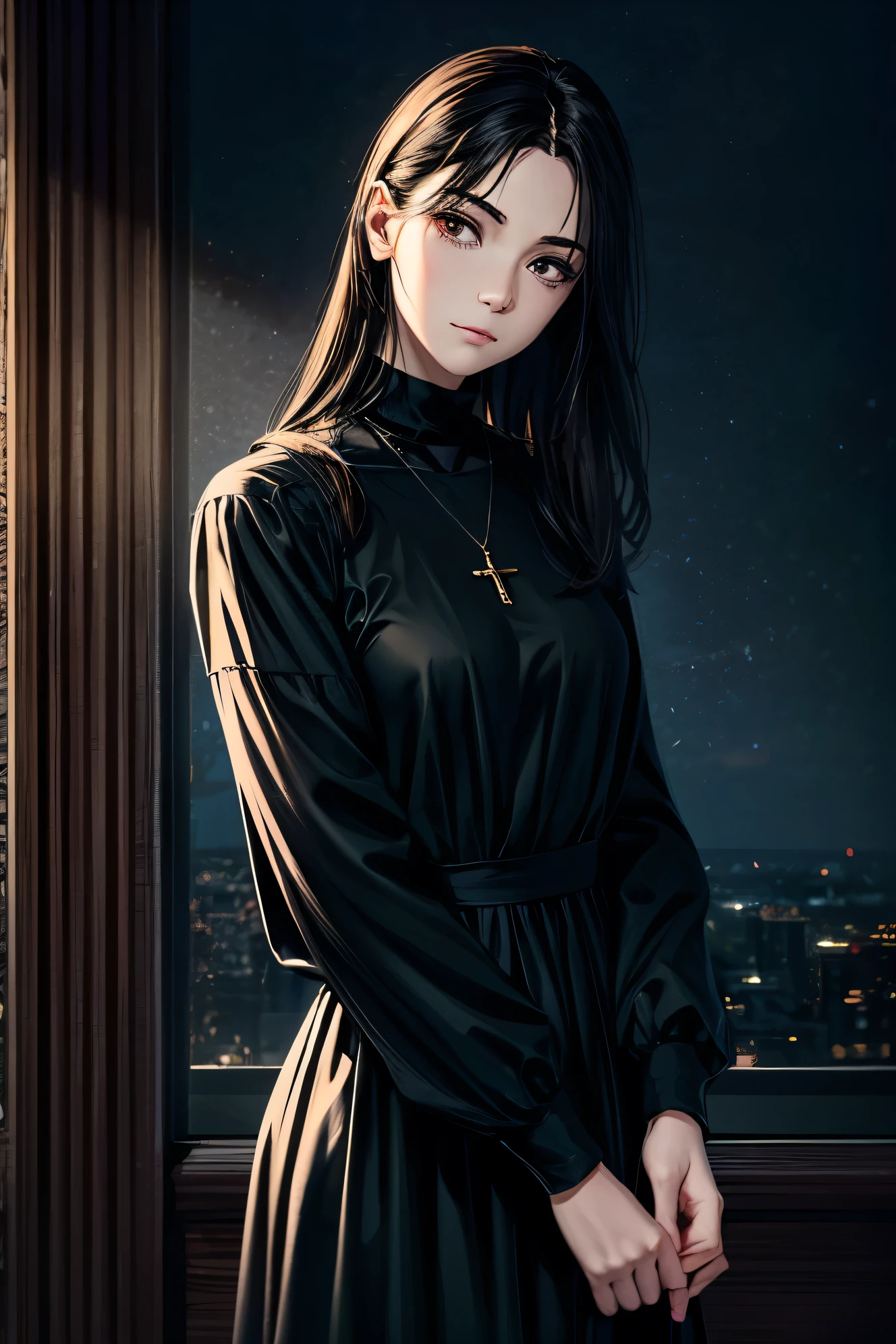 The image depicts a young woman with long, straight black hair that falls past her shoulders. Her skin tone is light, and she has delicate features. Her eyes are a dark shade, possibly brown or black, and have a slightly melancholic expression. Her nose is straight and her mouth is softly closed in a neutral expression, neither smiling nor frowning. Her posture is upright but relaxed, suggesting a sense of quiet contemplation. She is of slender build. She is wearing a black dress with long sleeves, a high neck, and what appears to be a simple, slightly A-line shape. The fabric looks smooth and possibly silky. The dress seems relatively modest and understated. She wears a thin silver necklace featuring a small cross pendant. A simple, dark-colored ring is visible on one of her fingers.
