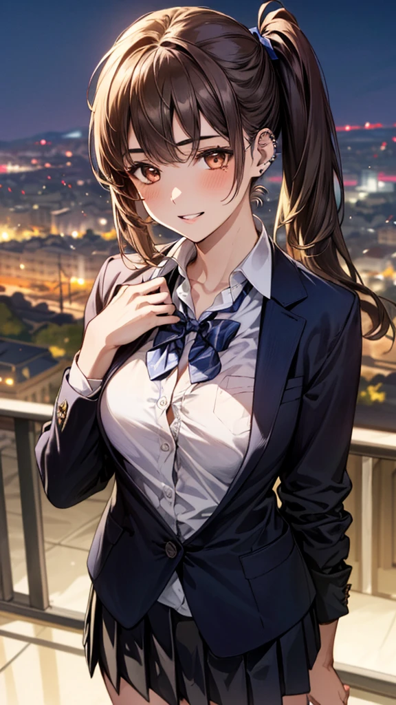 (masterpiece:1.3, top-quality, ultra high res, ultra detailed), (realistic, photorealistic:1.4), beautiful illustration, perfect lighting, colorful, depth of fields, 
beautiful detailed hair, beautiful detailed face, beautiful detailed eyes, beautiful clavicle, beautiful body, beautiful chest, beautiful thigh, beautiful legs, beautiful fingers, 
looking at viewer, front view:0.6, 1 girl, japanese, high school girl, perfect face, (perfect anatomy, anatomically correct), cute and symmetrical face, babyface, , shiny skin, 
(long hair:1.5, twintails:1.5, rosy brown hair), asymmetrical bangs, brown eyes, long eye lasher, (medium breasts), slender, 
((navy blazer, collared white shirt, navt pleated skirt)), dark red bow tie, piercing, 
(beautiful scenery), evening, (city, cityscape in the distance), standing, (hand on chest), (happy smile, parted lips), 