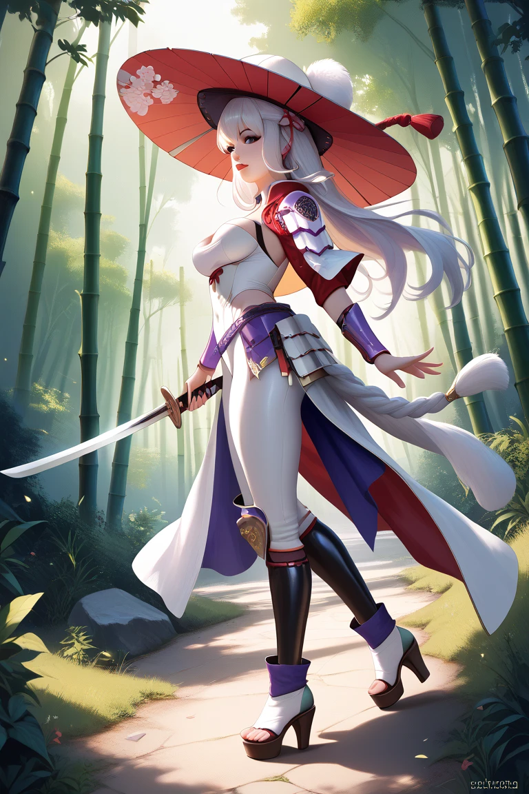 1female,36 years old,Milf,mature,Bigchest,Big breasts Thin waist,long leges,Raised sexy,Pornographic exposure, solo,(Background with:bamboo forrest,clubs), standing on your feet,Sweat profusely,drenched all over the body,seen from the front, hair straight, mostly cloudy sky,(((tmasterpiece),(Very detailed CG unity 8K wallpaper),best qualtiy,cinmatic lighting,detailed back ground,beatiful detailed eyes,Bright pupils,(Very fine and beautiful),(Beautiful and detailed eye description),Redlip,ultra - detailed,tmasterpiece,)),facing at camera,(The upper part of the body),A high resolution,ultra - detailed),revealing breasts,Bare genitals, Bulge,legs are open,sexyposture,Camel toes,Flushed complexion,Open-mouthed,frontage,Full body photo,Show shoes, VadosSDXL, 1girl, solo, long hair, huge breasts, looking at viewer, large breasts, Sexy body, cleavage, long sleeves, dress, holding, very long hair, purple eyes, ponytail, white hair, puffy sleeves, sash, colored skin, high ponytail, juliet sleeves, staff, puffy long sleeves, holding staff, blue skin, hair pulled back
