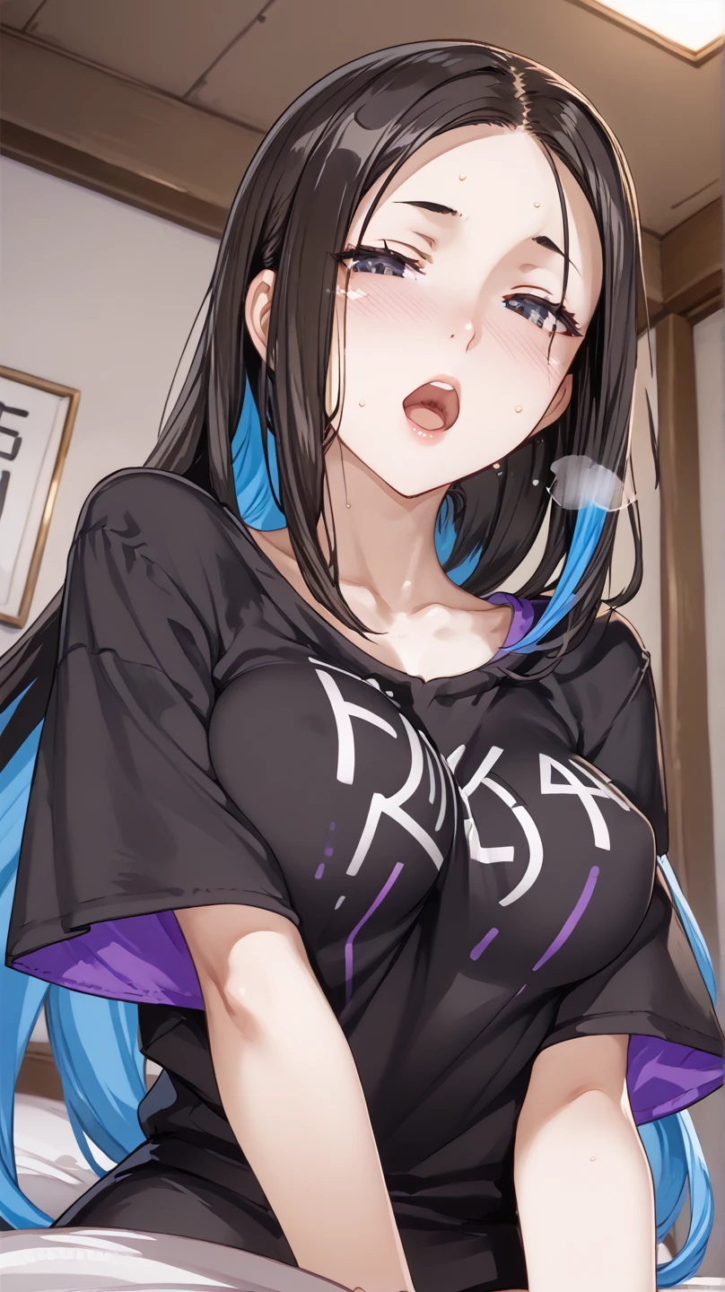 1 girl、indoor、Cowboy Shot、Black Skirt、shirt、Off the shoulder、Off the shouldersweater、(Light blue sweater:1.2)、(Big Breasts)、Sleeveless shirt、Tight Skirt、ハイネックSleeveless shirt、黒shirt、sweater、Lace top stockings、garter belt、Sweater sleeves are too big、Crossing legs、(Aroused expression)、Sitting、Hoop Earrings、Gradient hair color
