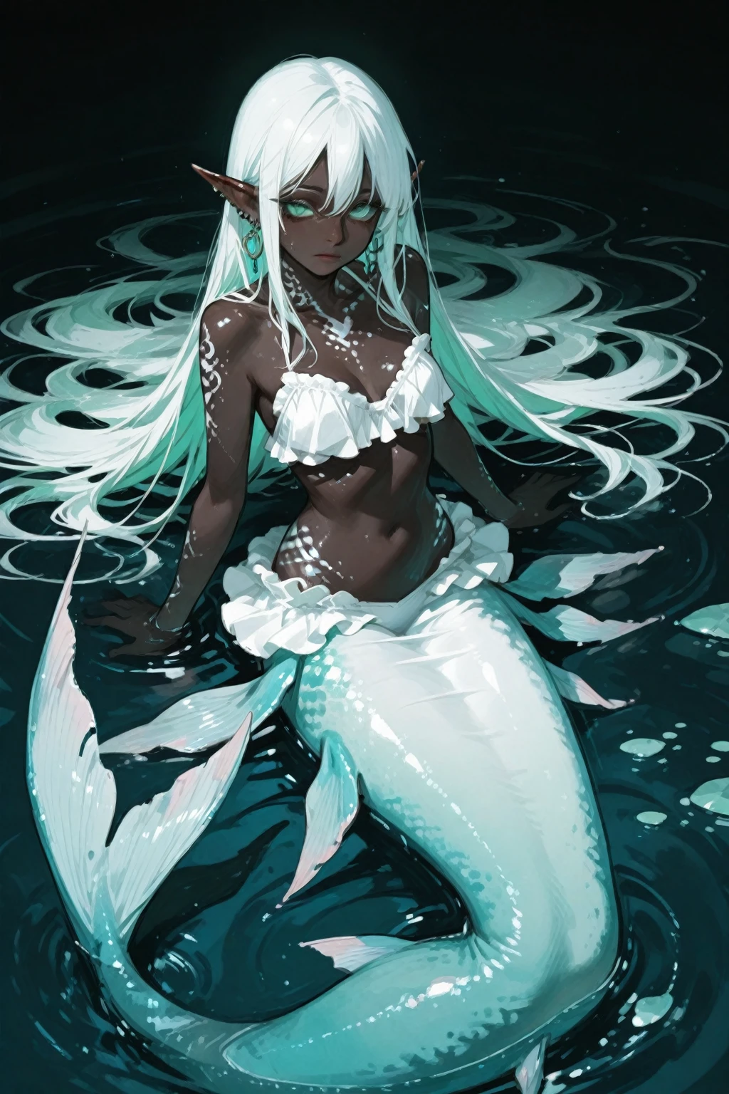 8k, ultra high definition, unreal engine, ultra detailed, ultra high resolution, ultra focus, beautiful girl, dark skin, marine ears, fish scales skin, nebula eyes, gills on neck, white hair, wet flowing hair, gorgeous thick body, under water, bubbles everywhere, ultra detailed body, ultra detailed clothes, wet body, wet clothes, ultra detailed skin, ultra detailed hands, ultra detailed fingers, ultra detailed image, colorful fishes in background, underwater plants, front view,