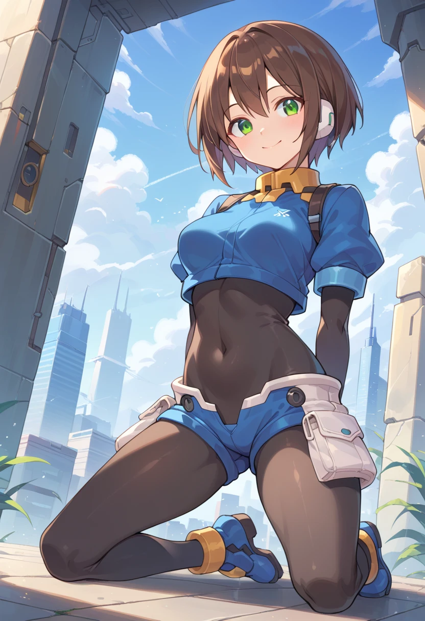 ((masterpiece, best quality, ultra detailed, 8K)), flat colors, cowboy shot, from below, frontal view, facing straight ahead, medium breasts, ((ultra detailed face)), stunning cute girl, ((ultra detailed eyes)), light brown bob cut hair with bangs, ivory and blue bikini armor, long boots, backpack, view from the second floor of a cyberpunk-style atrium, round shaped buildings can be seen in the distance, thunderhead in the sky