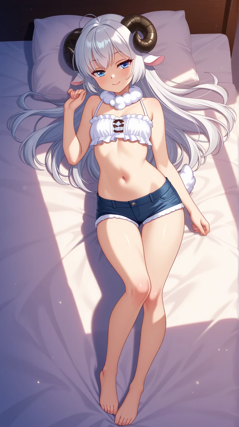 1 girl, underwear, White hair, thigh, White_underwear,, long_hair, Chest, White pajamas,Unbutton your pajamas,Open income,navel,Bare belly,Close your eyes,Close your eyes, exist_quit, In the bedroom, Hindquarters, Bangs, , blush,Lying on exist bed,White,,White,Full body female,Open your arms