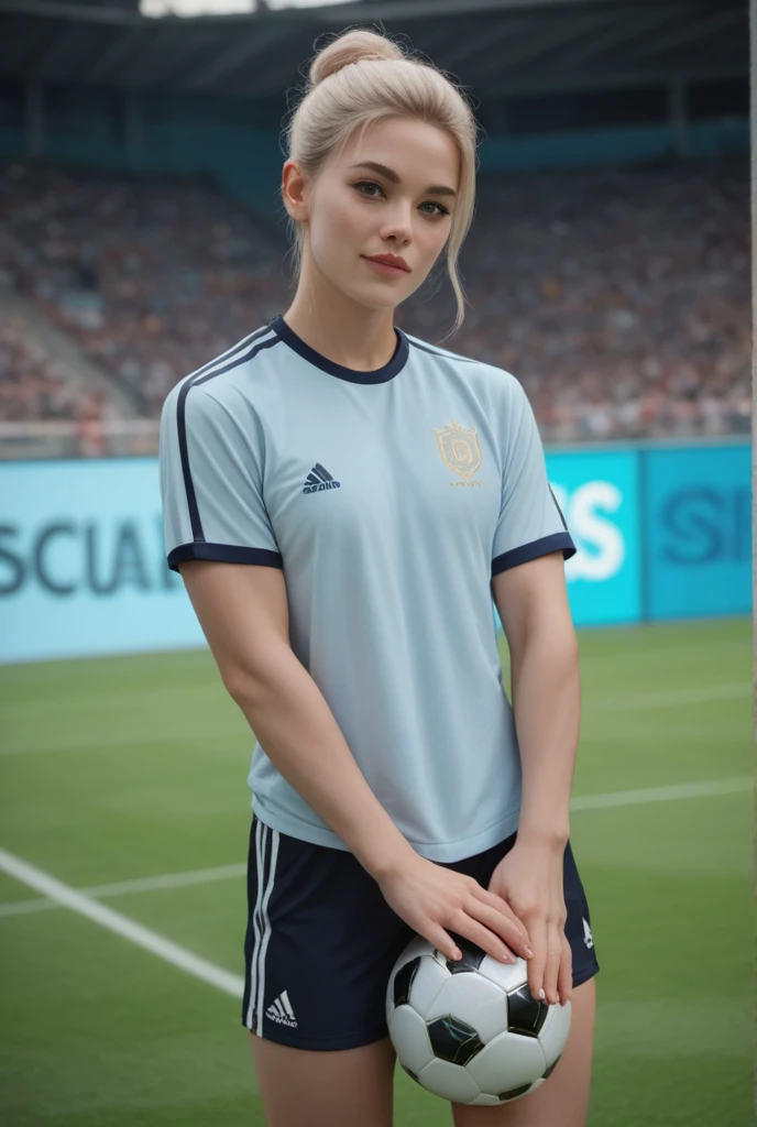 A very attractive pale skin girl with long blue hair and light blue eyes, Very Realistic, 4k, abs, athletic, Manchester united female soccer uniform, standing on the soccer field
