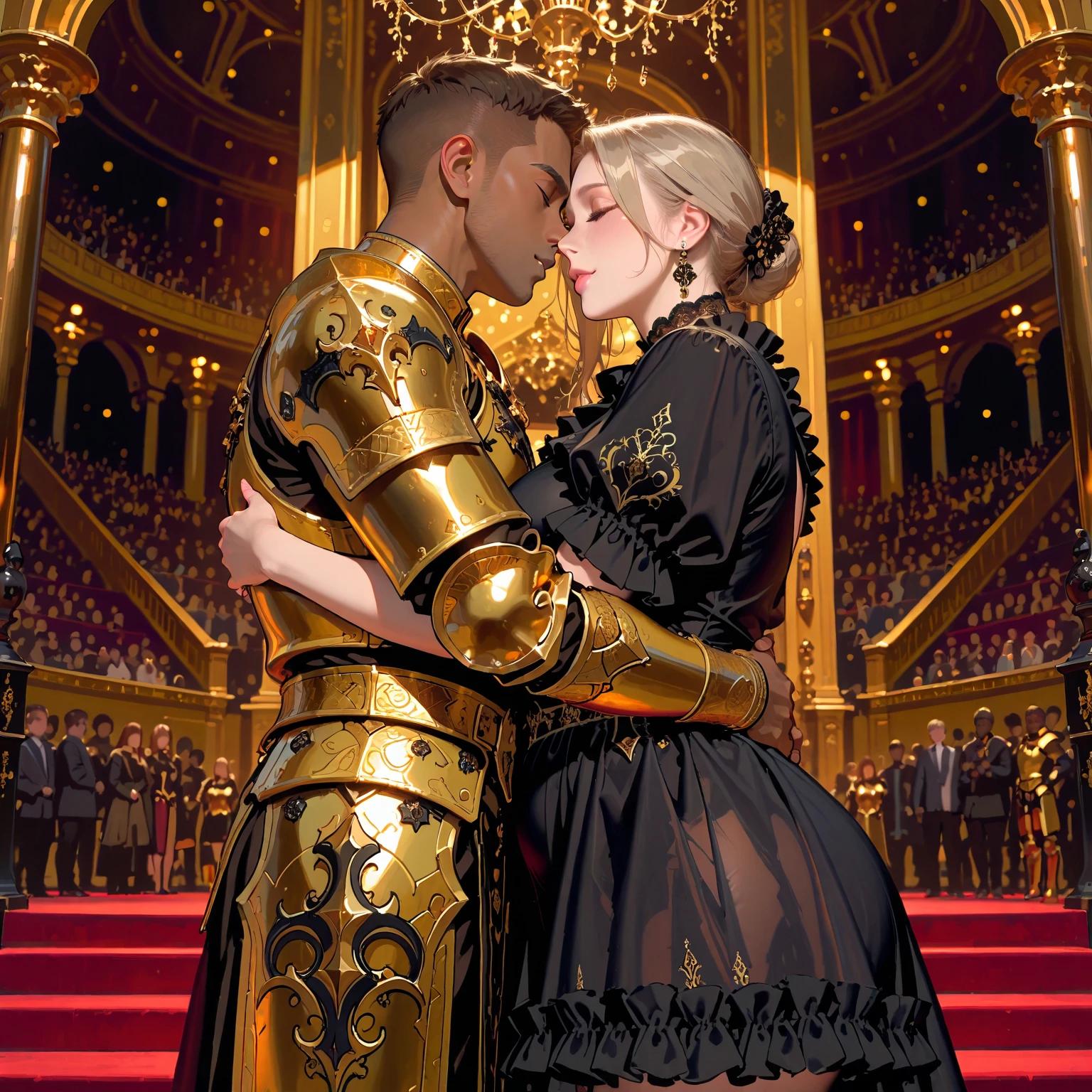 A black boy and a white girl kissing in the bathroom, the boy is wearing a cyberpunk costume and she is wearing a medieval dress