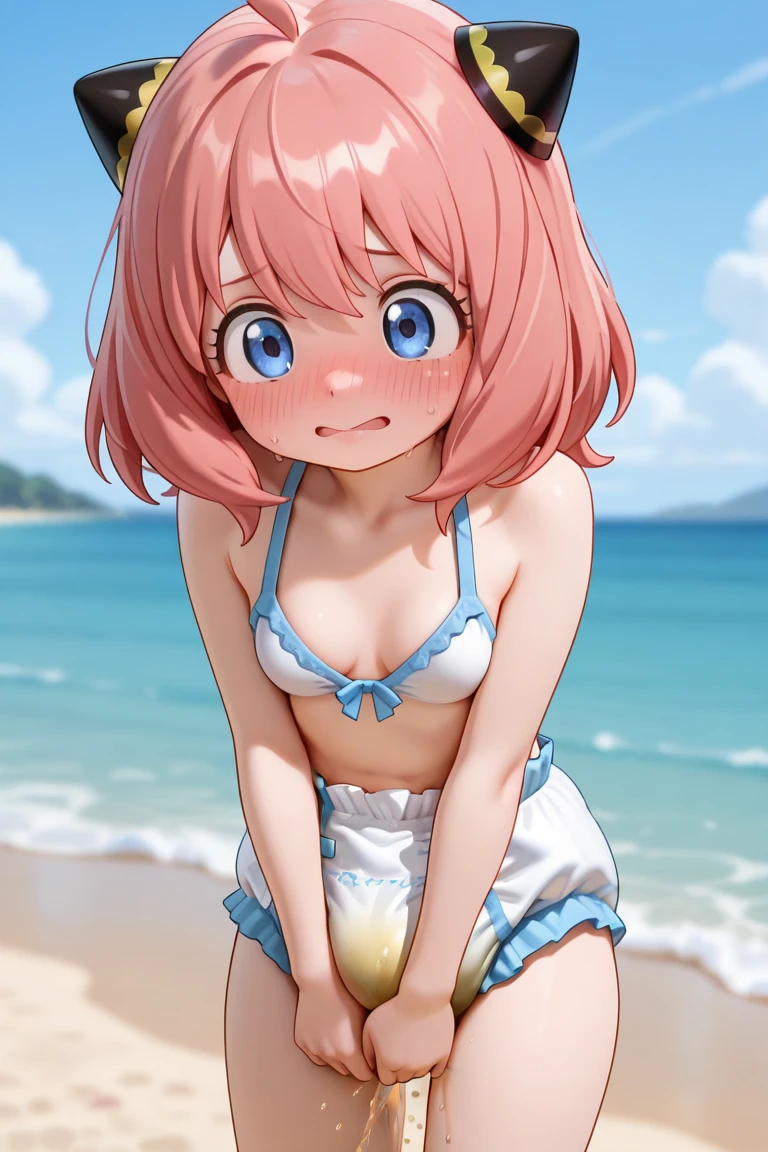 Young little cute Kurosawa ruby (petite) (), desire to have sex, (begging for sex:1.3), tiny pink Croptop, soaked in sweat, sweaty, heavy breathing, red face, blunt hair, string thong bikini nsfw exposed