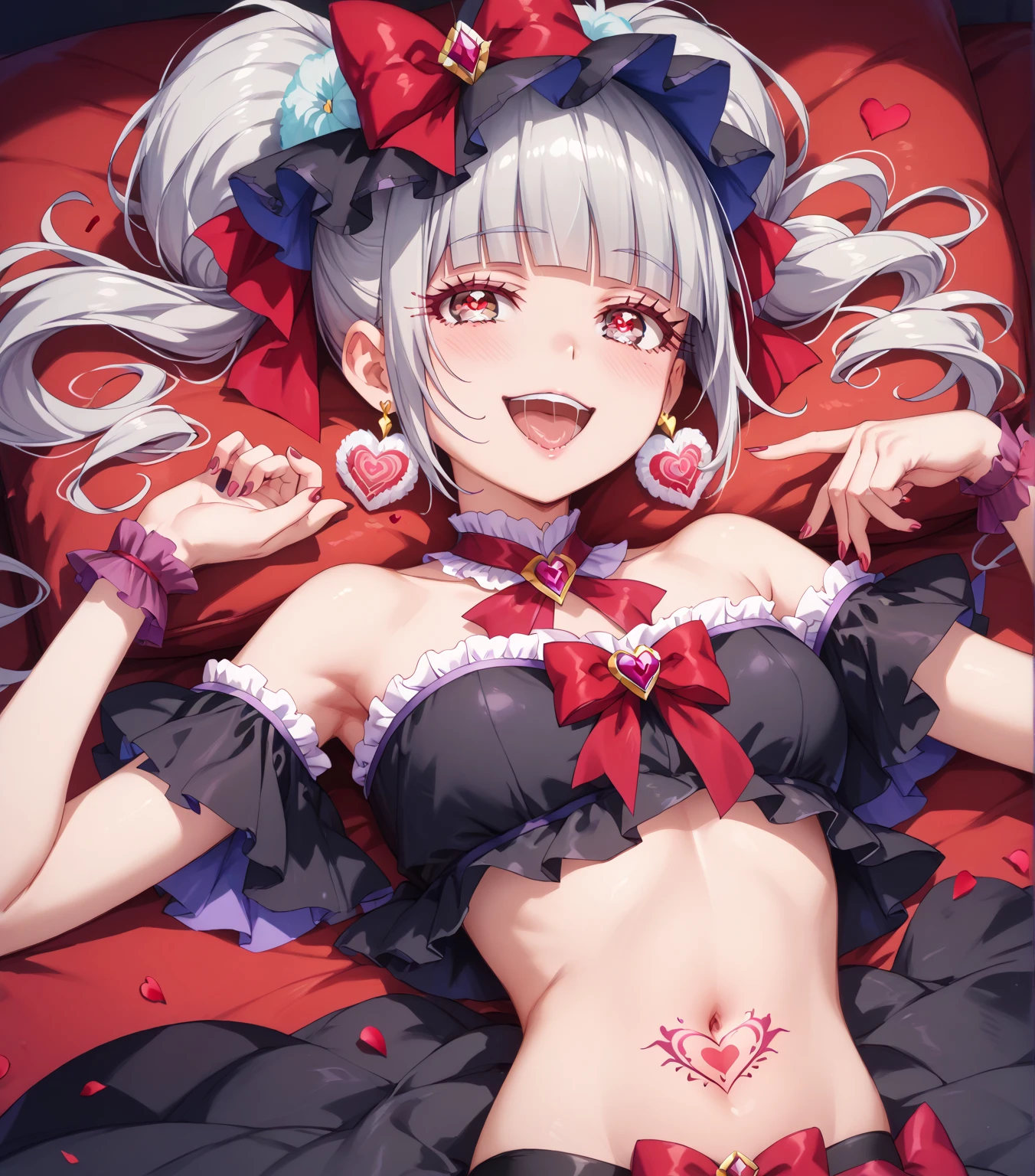 スコア_9, スコア_8_上, スコア_7_上, スコア_6_上,vampire kiss is it too much for this anime to be lewd, 1girl, breasts, solo, sakamata chloe, virtual youtuber, thighhighs, large breasts, underwear, grey hair, panties, white panties, red eyes, navel, streaked hair, long hair, black hair, on back, underboob, looking at viewer, multicolored hair, black thighhighs, red nails, sweater, lying, braid, blush, side-tie panties, hair ornament
