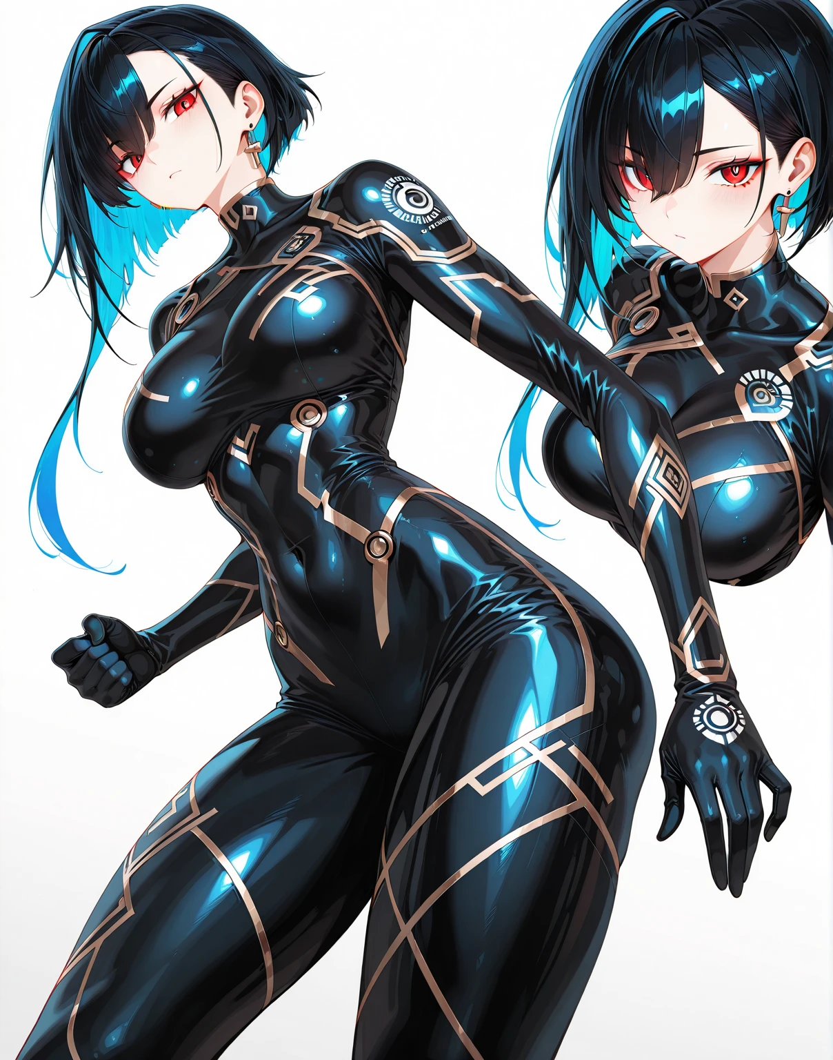 Beautiful women in long blue and black leather suits with yellow eyes hug each other with blushing faces