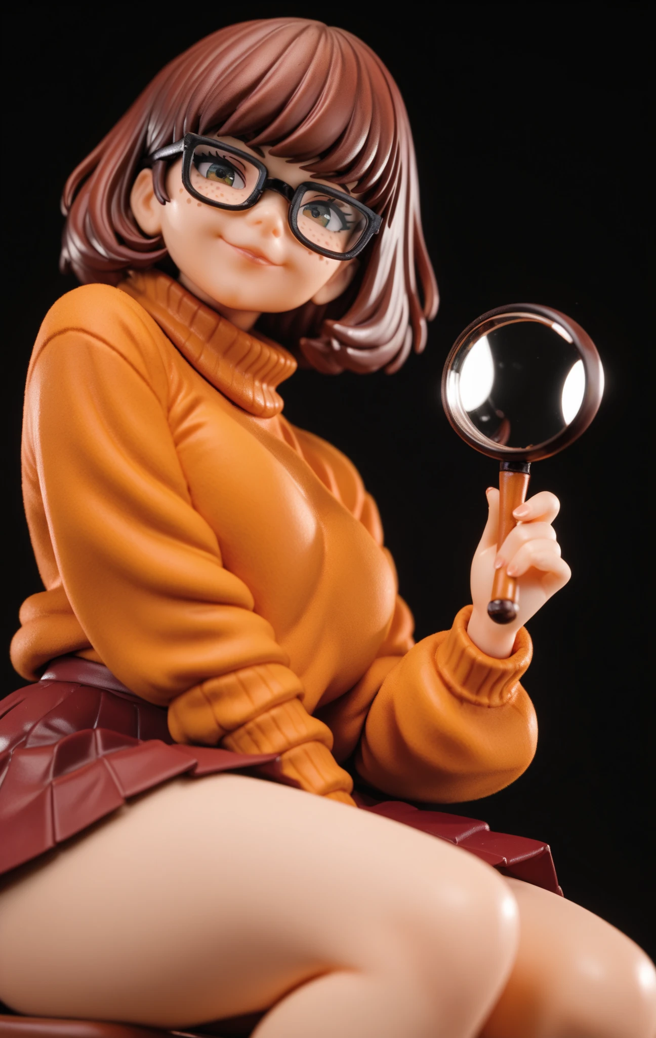 Velma dinkley as a pinup girl,Cartoon, Scooby-Doo ,red pleated skirt,A freckle,red lofar,yellow A turtleneck,sitting, hand in magnifying glass, from below ,smile, black background ,good smile company