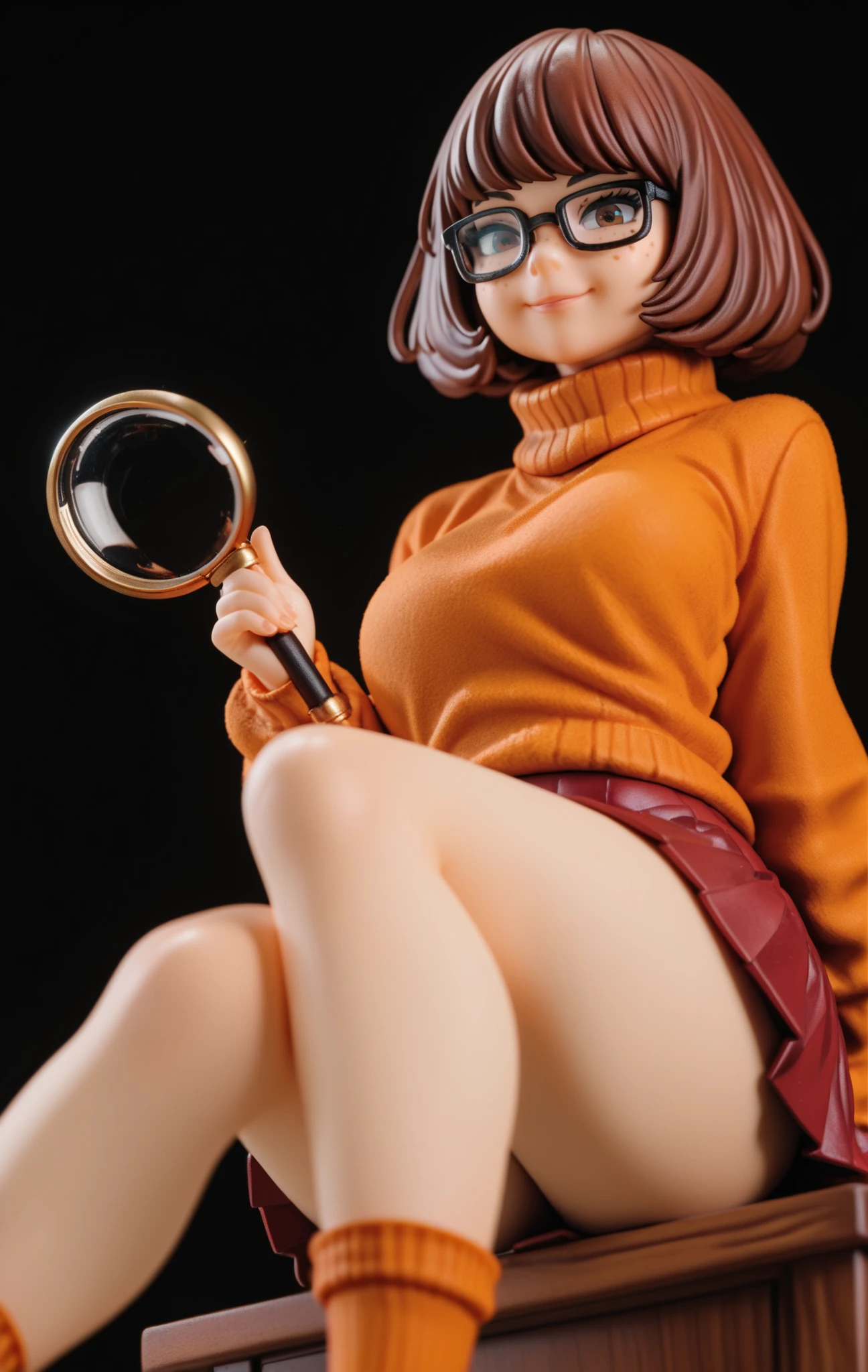 Velma dinkley as a pinup girl,Cartoon, Scooby-Doo ,red pleated skirt,A freckle,red lofar,yellow A turtleneck,sitting, hand in magnifying glass, from below ,smile, black background ,good smile company