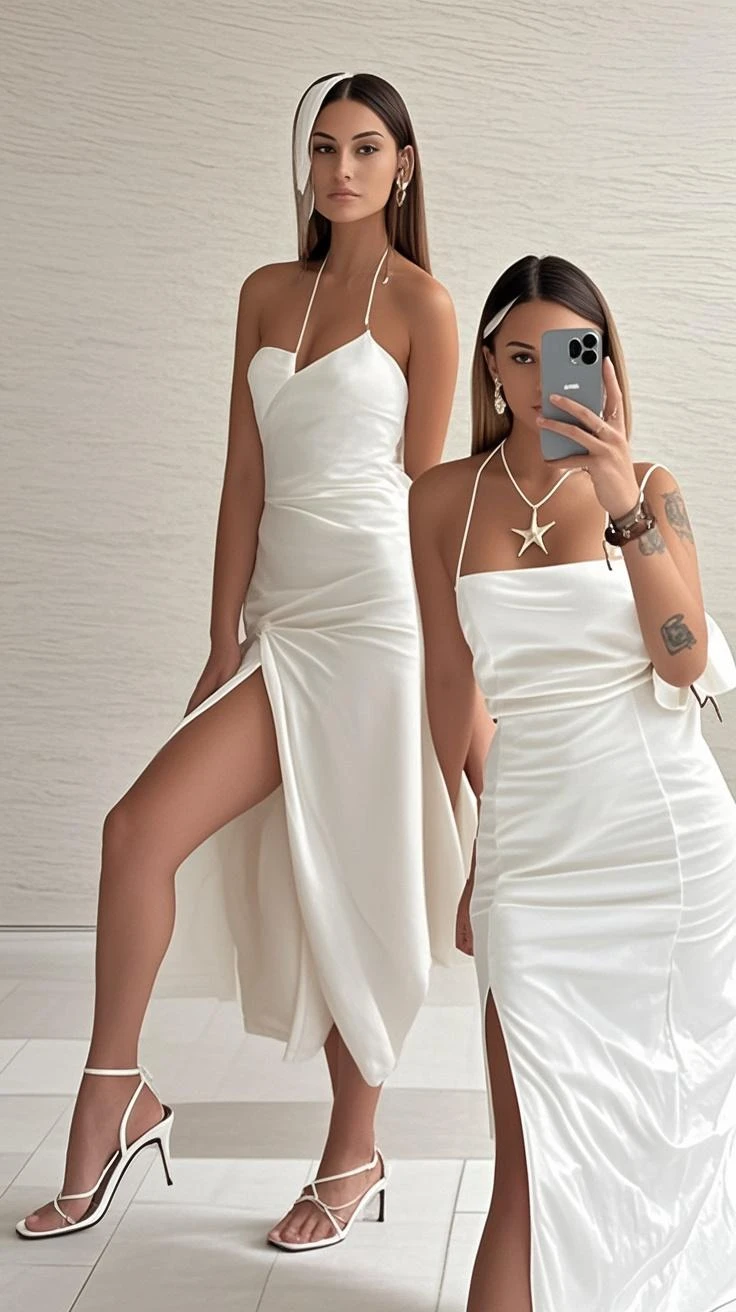two women in dresses standing next to each other in front of a tv, pov, two girls, annoying sister vibes, lesbians, cute girls, gen z, looking this way, pov shot, two models in the frame, sisters, hd, they are very serious, lesbian, multiple, 2 sisters look into the mirror, serious faces, photo shoot