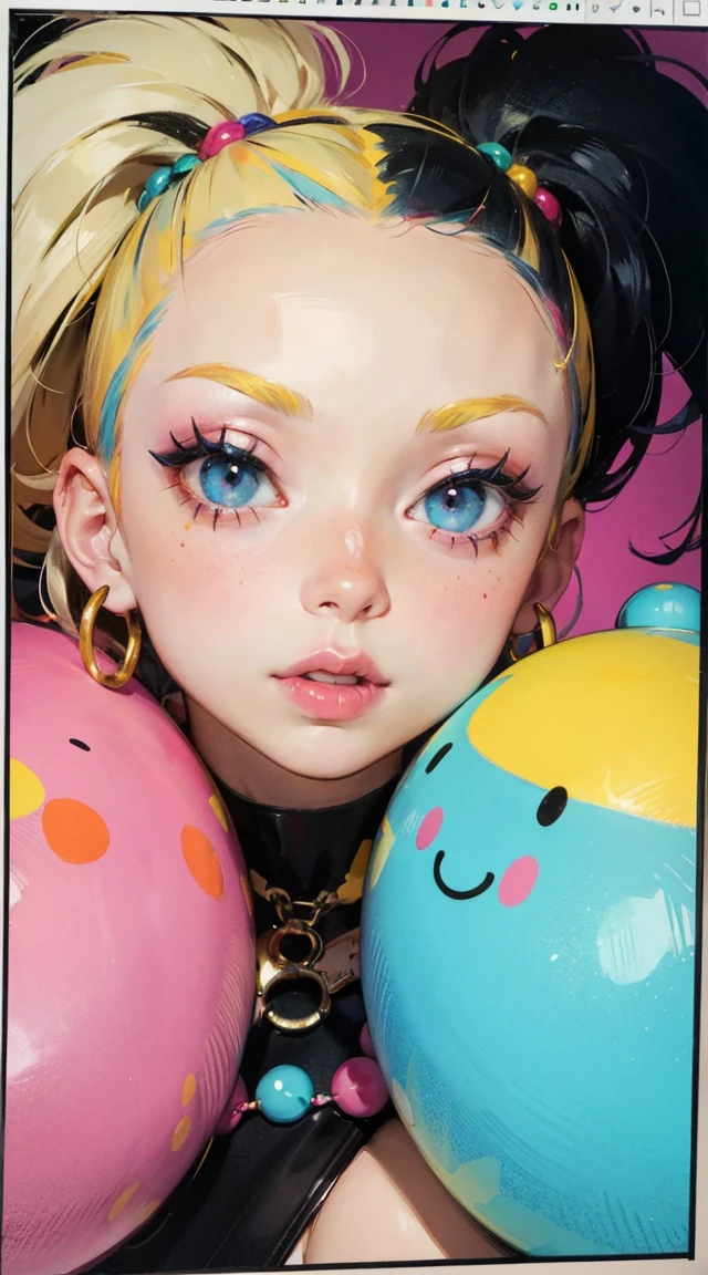 masterpiece, best quality, ultra detailed, expressive eyes, perfect face, nsfw,
1 realistic, 1 wasp girl balloon doll made of dirty and tattered hot air balloon cloth, white painted face, wart on the side of the mouth, white and pink striped body, hands on cheek, warts all over the body, blonde long hair. sitting, (small breasts, sagging breasts, old breasts, wrinkled breasts:1.2)