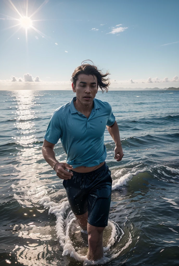 Young Man running, beach, photorealistic accurate proportionate,
