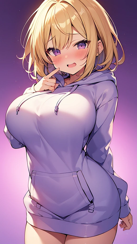 nsfw, a blond、short hair,Hair up to the neck、Golden eyebrows、Gray eyes、cheeks a little pink、a small nose、light skinned、8years old、elementary student、a junior high school student、blush, ecstacy, saliva,Wear a light pink hoodie、pussy, pussy line,ass, bottom less, big breasts, bedroom, looking at viewer, {{{undressing}}}, scatter sweat,