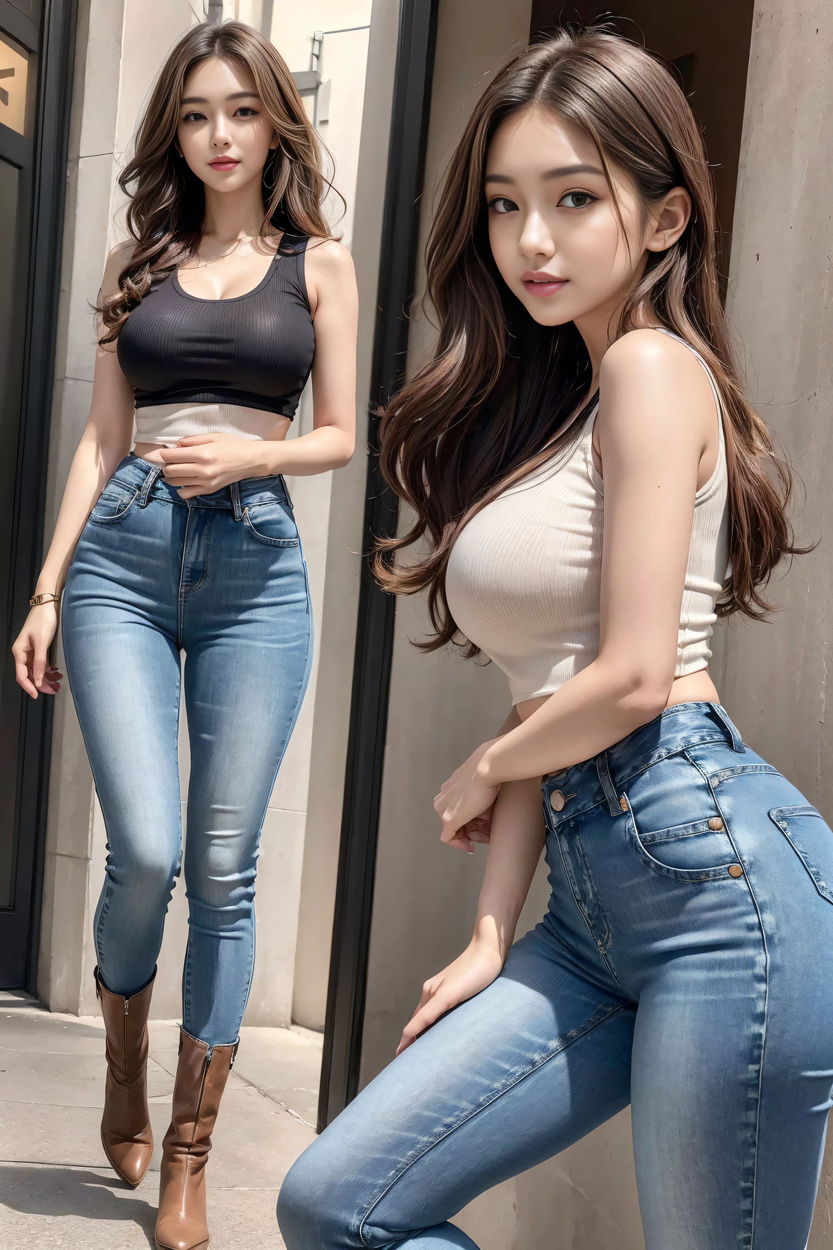 ((Realistic lighting, best quality, 8K, masterpiece:1.3)), (Lock focus:1.2), (2 busty girls),(Beautiful woman with perfect figure:1.4), : 2 beautiful Korean girls, Korean pop idol，Leg length，(Pale skin), (big eyes),（Smile：0.8），（Plump and sexy lips）， Complex and detailed face, ((Super delicate skin))，Delicate face，Ultra-thin face，Fine Eyes，Double eyelids，((blonde)), (White lace underwear:1.4）,Background Shibuya street，emphasize，Ultra-thin face，Fine Eyes，Double eyelids，（Start from below：1.attitude，（Mid-chest：1.2），Sexy long legs， （Thigh gap：1.5），Wide hips，S-Shaped Body，Vest line， Hips lifted，Leg length，Skinny denim trousers，Shooting from the front，Body proportions，Over-the-knee leather boots，