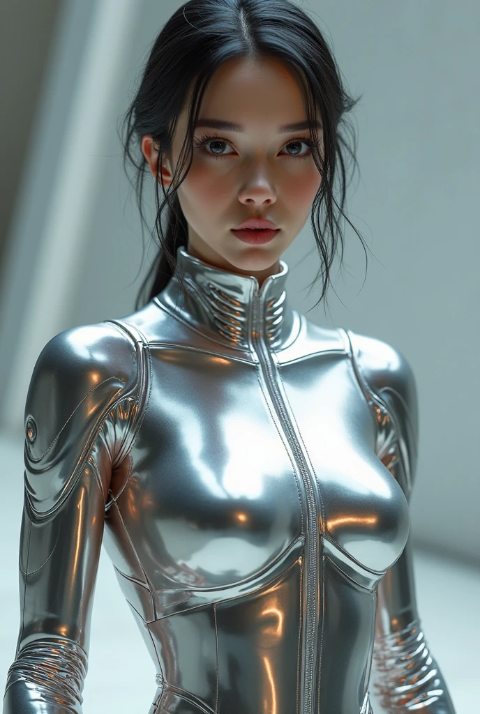 Beautiful Female Xenomorph, photorealistic style, creature, sci-fi, dark, sleek texture, shiny exoskeleton, biomechanical design, elongated head, elongated jaw, sharp teeth, piercing black eyes, slender body, biomechanical tail, translucent membrane, eerie atmosphere, lush alien landscape, vibrant flora, mysterious rock formations, atmospheric lighting, cascading waterfalls, ethereal mist, distant alien sky, captivating celestial bodies
