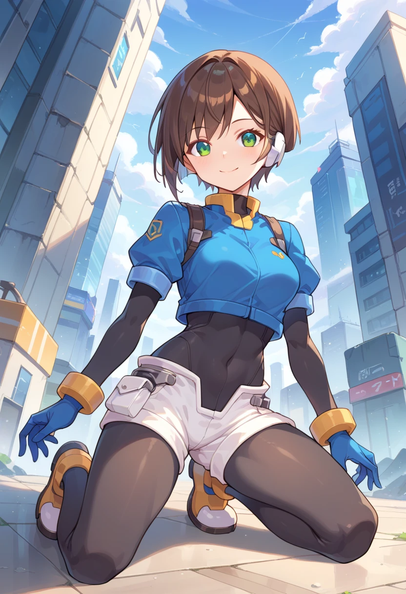 aile_megamanzx, kneeling with one hand on the ground and the other arm raised, 1girl, solo, short hair, brown hair, short sleeves, (bodysuit), robot ears, green eyes, very_short_shorts, short sleeves, short over long sleeves, smile, in futuristic city, , high quality, medium_breasts,crotch, slouch,groin,solo