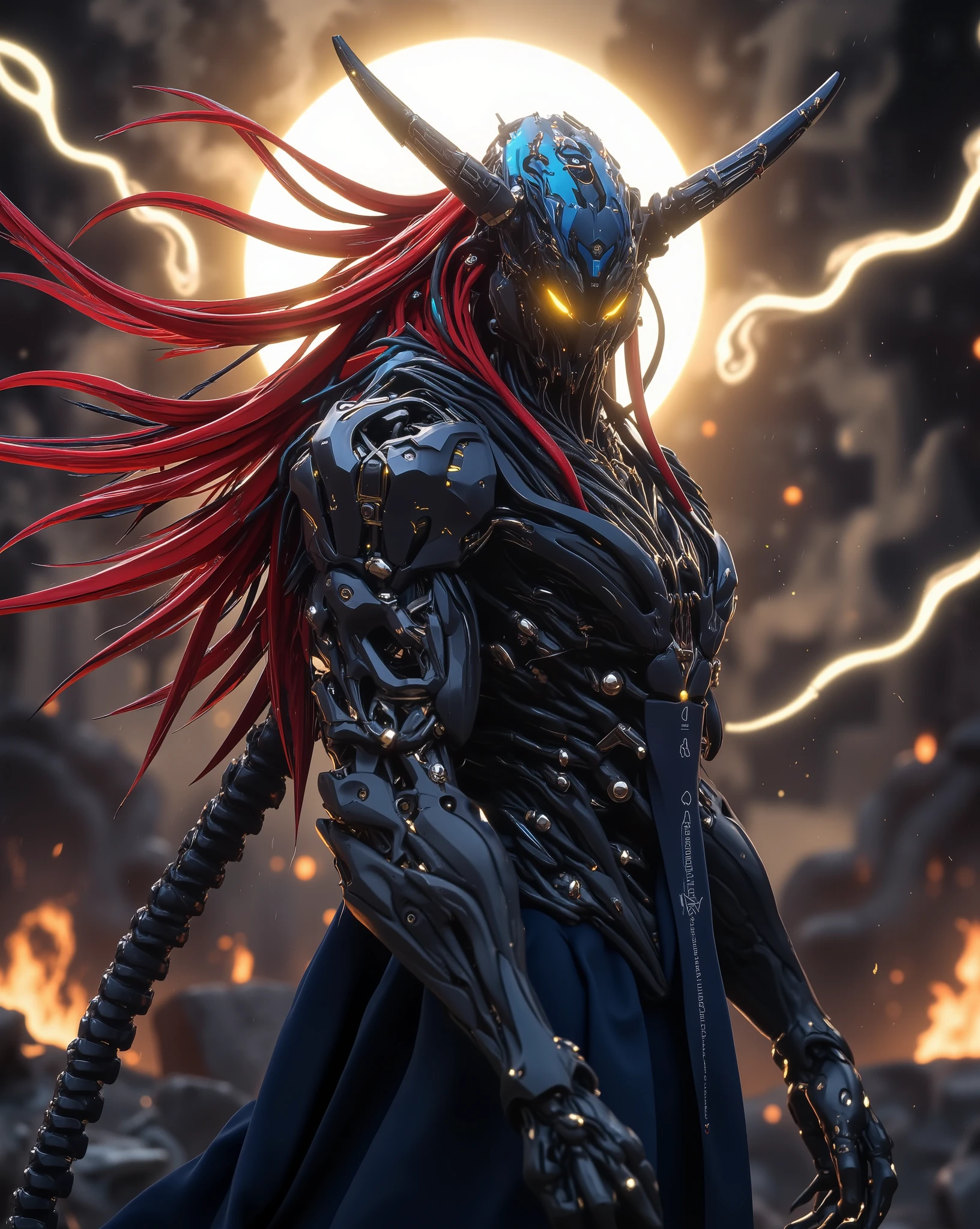 Perfect masterpiece, (Masterpiece:1.2), Best quality, high resolution, Beautiful detailed, Extremely detailed, Perfect lighting, high quality, high resolution, highest image quality, 8k hd. 
1 male guy. 
blood red and blue hair, Faceless, yellow eyes, glowing eyes, demon horns, long horns. 
Elegant. 
dark blue uniform, battle armor, Energy lines, masks.
Sunrise, flames on the background. 
Dramatic lighting.
Highly detailed background.
