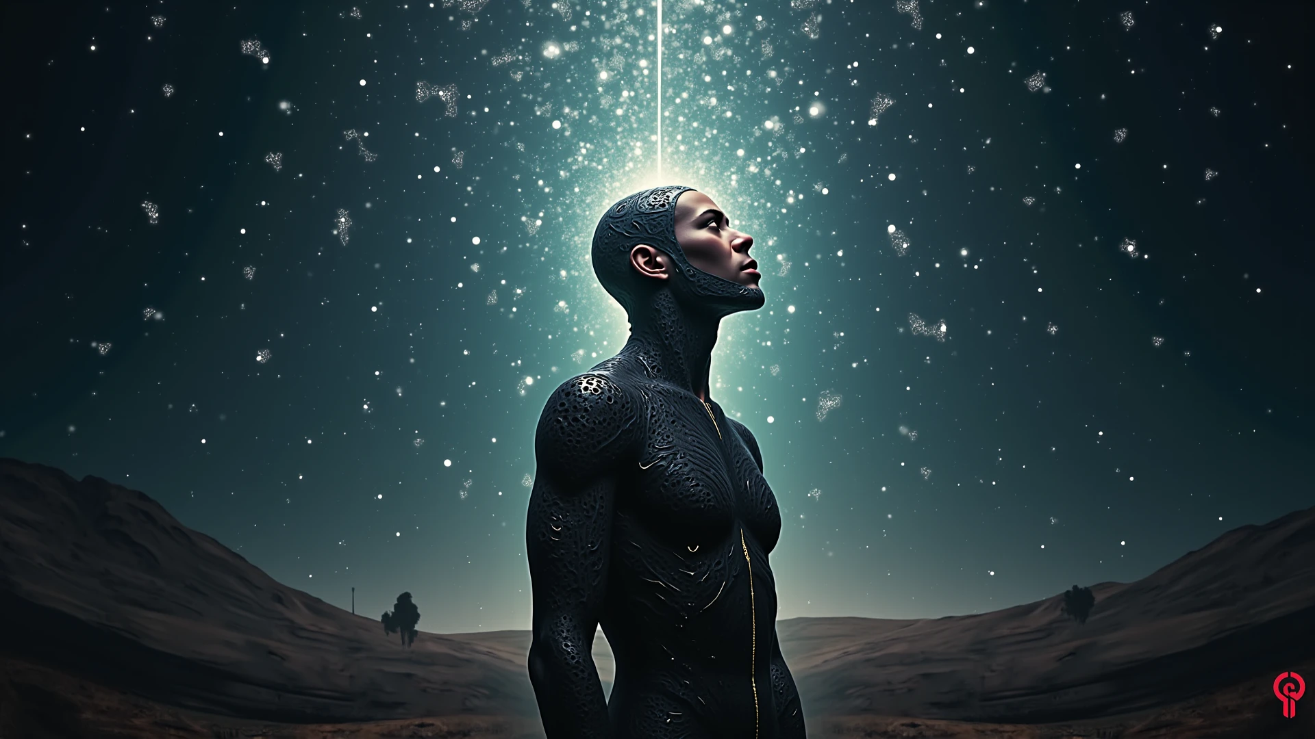 Create a highly detailed and atmospheric digital painting of a cosmic dark entity meditating in a lotus position on the surface of a barren planet. The entity has a shadowy, featureless face and a muscular humanoid body covered in dark organic tendrils that appear to flow and twist around it.. A bright red crystal is embedded in his chest, pulsating with dark energy. Above the head of the entity, A spinning purple and black cosmic vortex with a glowing mystical orb at its center radiates power, Shedding an ethereal light. The background features a vast star-filled galaxy with purple nebulas and distant cosmic phenomena., creating a sense of infinite space and power. The lighting is dark and sinister, and the main sources of light are the glowing red crystal and the mystical orb. The overall color palette is dominated by deep purples., black and touches of red, evoking a sense of cosmic mystery and power.