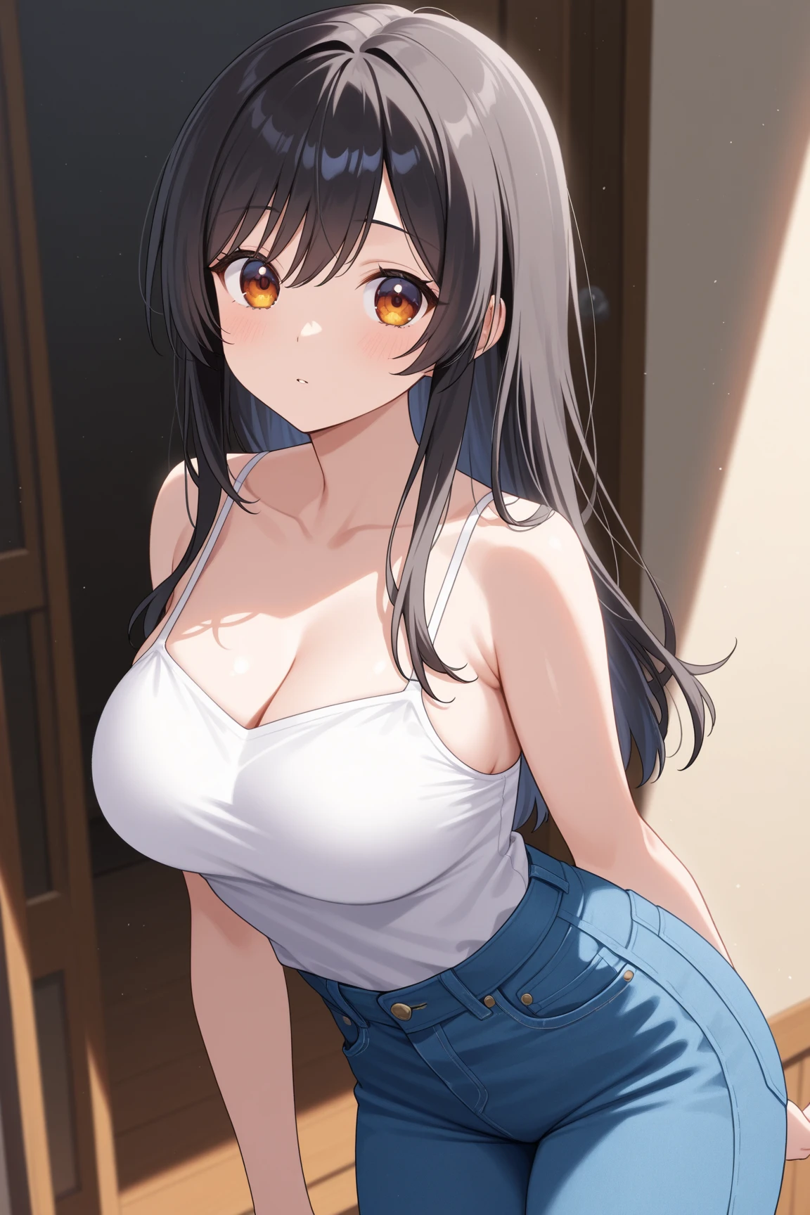 Hands on hips、leaning forward, side angle, Cleavage、Upper Body, Realistic, real person, (pale skin: 1.2), RAW photo, photorealistic, shiny skin, shiny hair、(A 25-year-old woman with medium-length hair and bangs) and (wavy hair) and (brown hair) and (orange eyes) , Wearing a white tank top 、smile, open mouth, The background is the living room、Alone、Are standing
