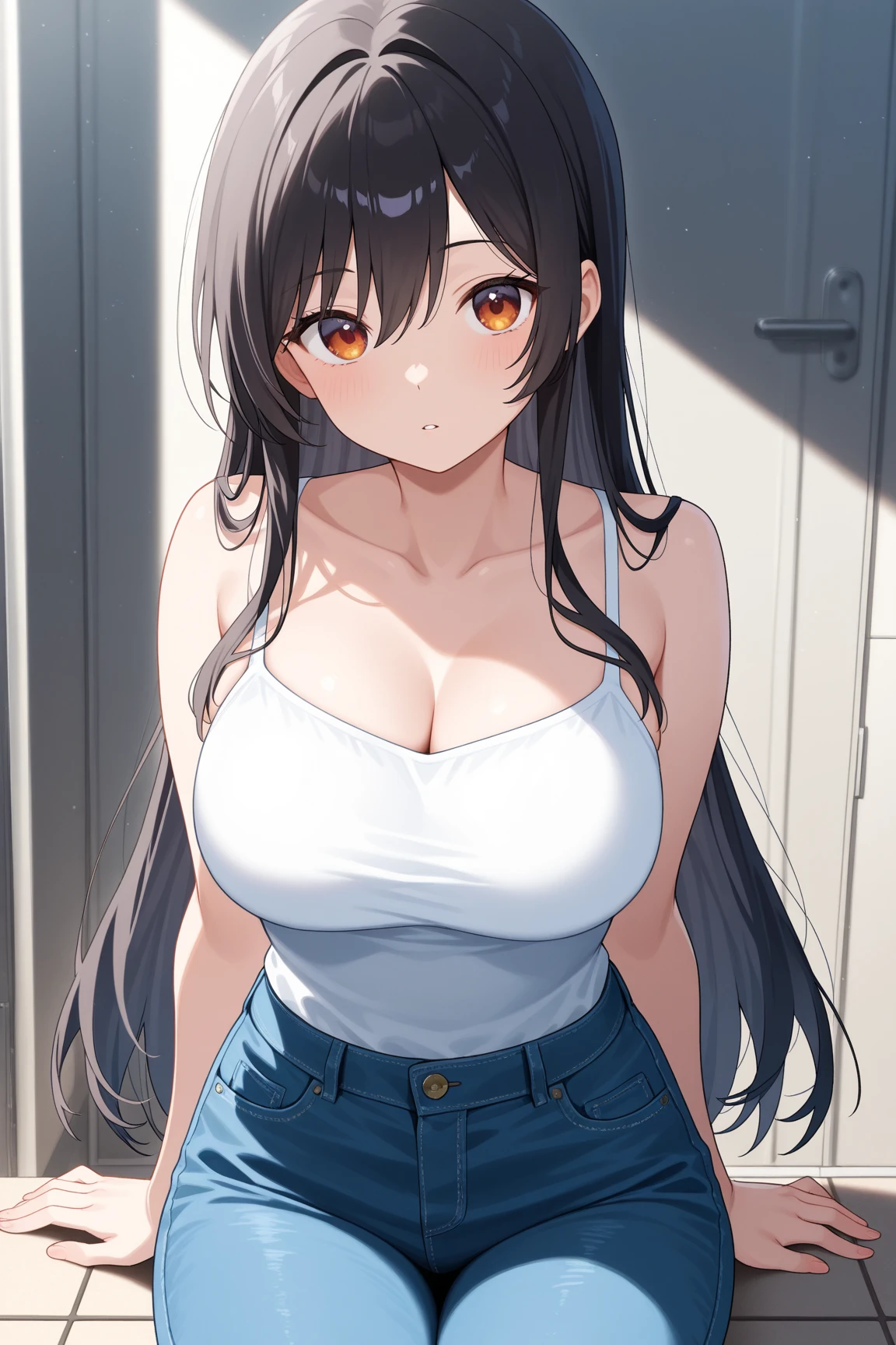 (masterpiece, best quality:1.2), 1girl, solo, UHD, masterpiece, high details, high quality, highres, 1080P, masterpiece, perfect eyes, perfect face, 171 cm, crimson eyes, Purplish-Black hair, short hair, long hair, female, bangs, breasts, big breasts, busty, colourful, detailed background, white tshirt, pants, black trousers, wear white tshirt, wear black trousers, in a sheer see through wet white tshirt, transparent tshirt, white tshirt, tshirt, not shirt, red bra, bra visible under clothes, wear red bra, bra