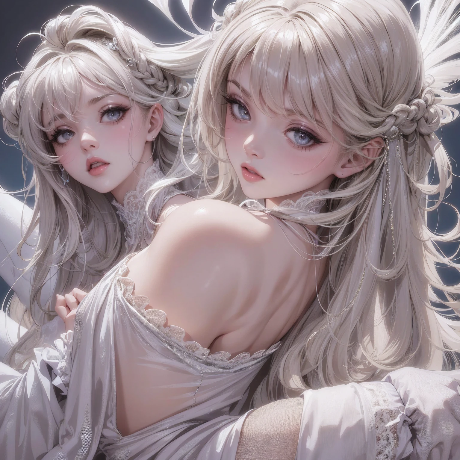 finest image, female, sexy, beautiful, cute, amorous expression, lewd expression, ecstasy, orgasm, light blond glossy braided bangs iridescent hair, light gray sparkling big eyes, double eyelids, white anime style fluffy long eyelashes, red alluring moist big thick lips, medium breasts, abs, ass, perfect proportion, long thin legs, lace see-through robe, background top of the hill, professional lighting, sitting