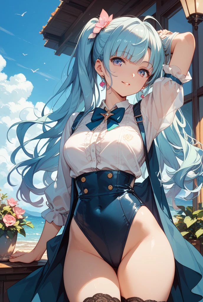 masterpiece, best quality, 1girl, (sky blue hair, long hair, detailed hair, cat ears, sky blue eyes, black hair ribbons:1.2), cute, (curvy, slim waist, bottomheavy, gigantic thighs, extremely wide hips:1.1), beach, on knees