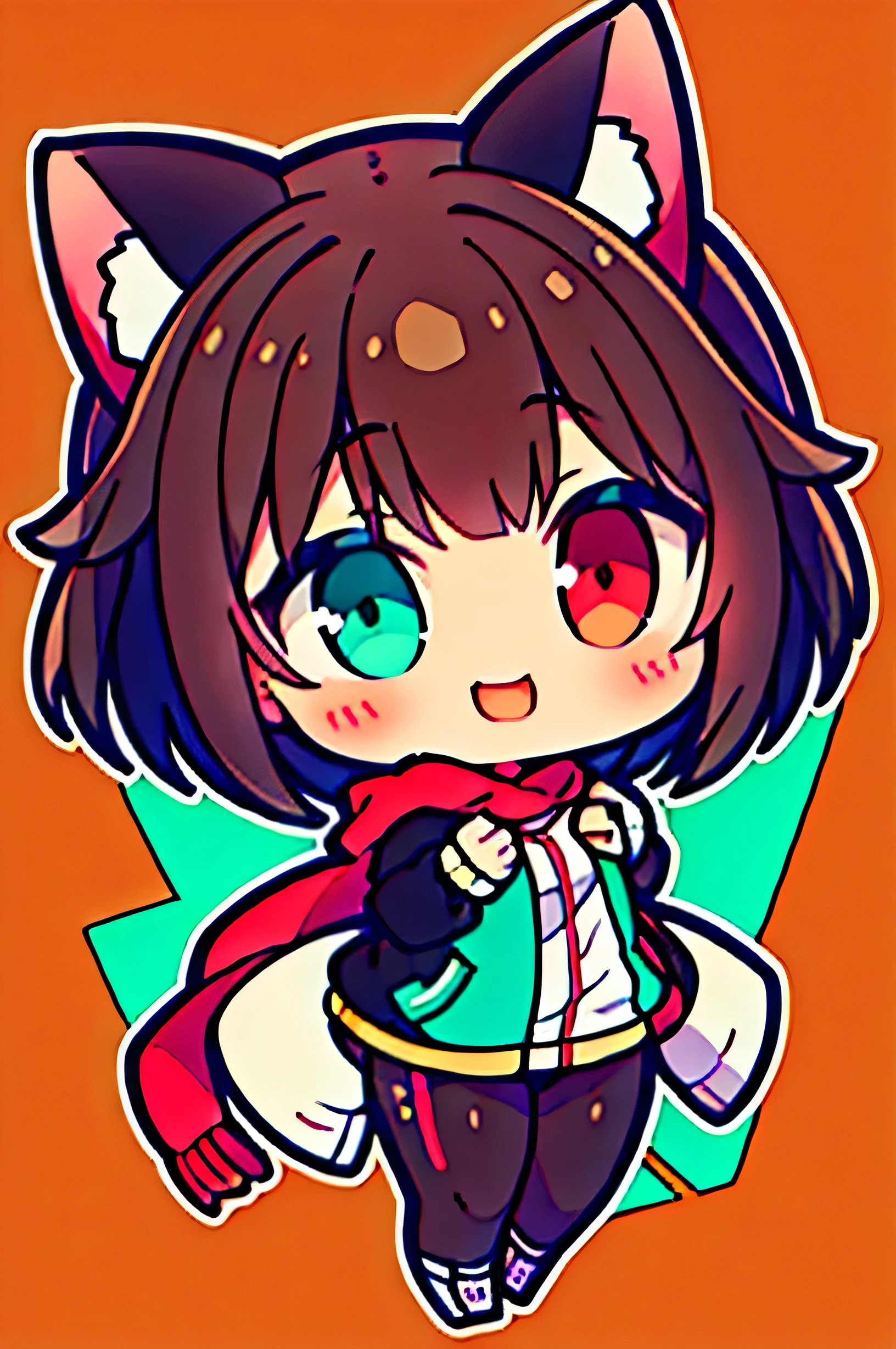 girl who has short and very dark brown hair, with some lighter locks that frame her dark red face. she has little cat ears, one on each side. He wears two scarves in his hair close to the cat's ears., a dark red one and another one in a bright turquoise shade. Her skin has a light tone and a light blush on her cheeks. His eyes are large and expressive, with heterochromy, green on the left eye and turquoise on the right., that give her a shiny and lively look. She has a small, discreet nose and an open mouth in a wide smile, showing happiness and joy. Her expression is sweet and innocent. The girl's complexion is thin, typical of an animated character, and her posture is relaxed and natural. She wears a blue-green hooded kangaroo with the text AKO in the center , with a red detail on the top of the hood, tied by a ribbon of the same color. she wears a black sports suit with white stripes and white sneakers