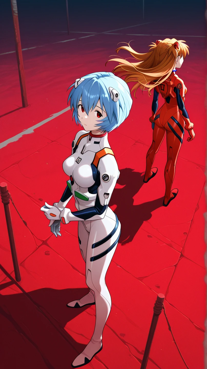 (masterpiece, highest quality), (Absurd Absolute Solution), (8k), (detaileded beautiful face and eyes), (detaileded illustration), (Ultra-fine illustrations), (Vibrant colors), (Professional Lighting), (Nice hands, Perfect hands), break, From the back, Movie angle, Cowboy Shot, (Stylish pose:1.3), break, (In the style of Neon Genesis Evangelion), (Ayanamirei), (Rei Ayanami), 1 girl, chest, Pale, porcelain-like skin, Shiny Hair, (Big eyes:1.2), break, Expressionless, (Plug Suit), Interface Headset, break, (night:1.3), indoor, (darkness:1.3), (NERV Underground Base:1.3), (Nice views), (Cinema Lighting), (Depth of written boundary), addition_detailed:1,