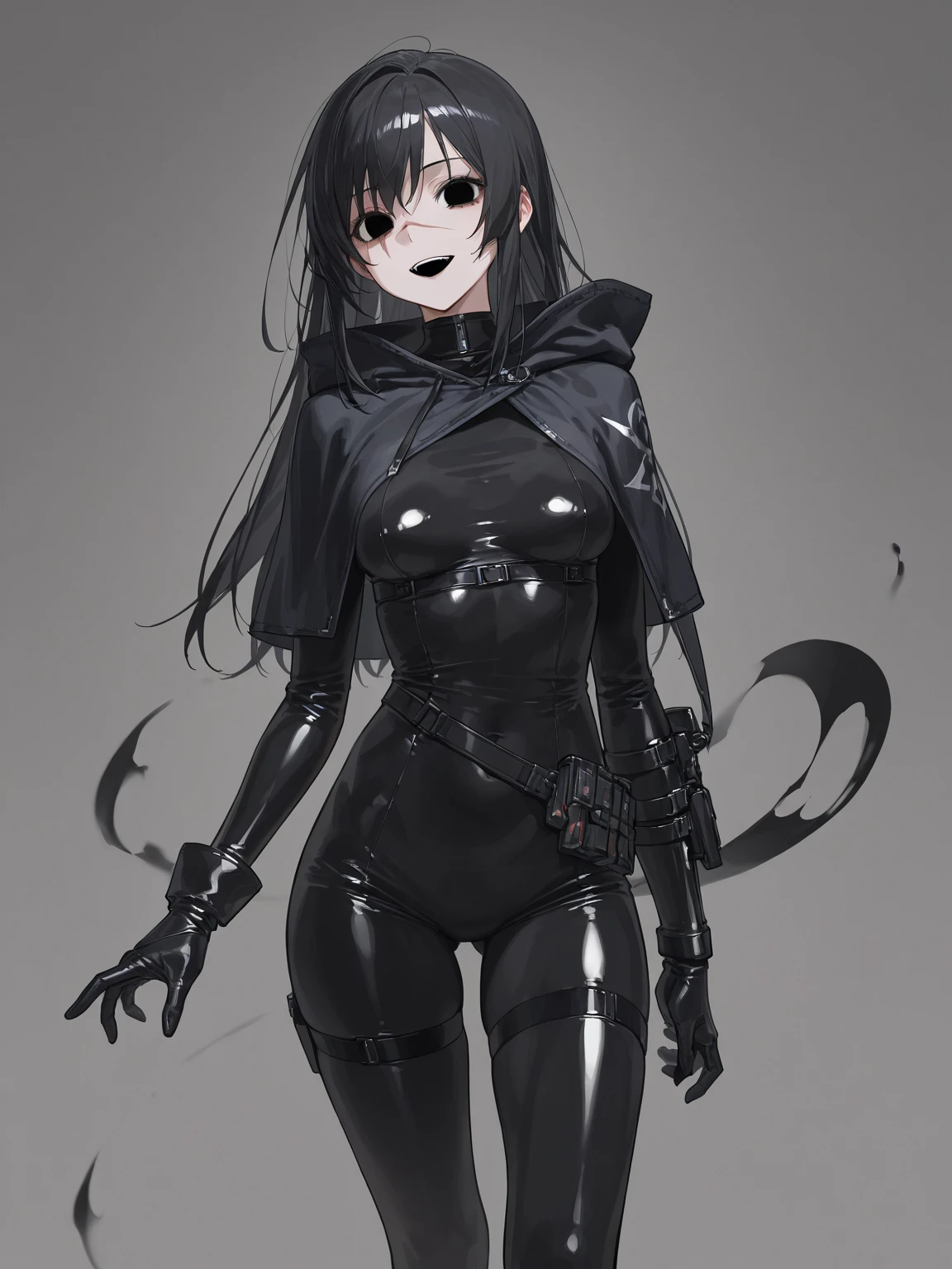 5 8K Ultra HD、emulation,The girl wears a black shiny black all-pack gel suit,Wear a black full-face gas mask,Cover the entire head,standing on your feet、Wear shiny black latex gloves,Hide skin、black latex gloves、up of the upper body,(One man only,There are no additional limbs,Showing the whole body,Physical integrity