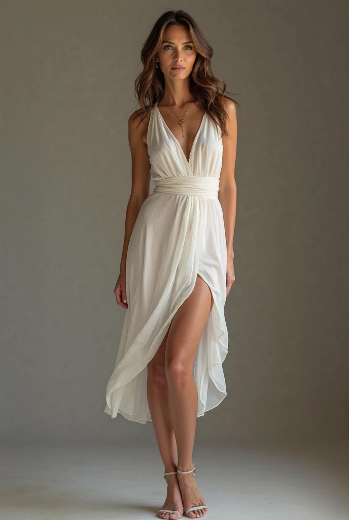 Alexandra Daddario wearing a long dress with a large v-neckline smiling