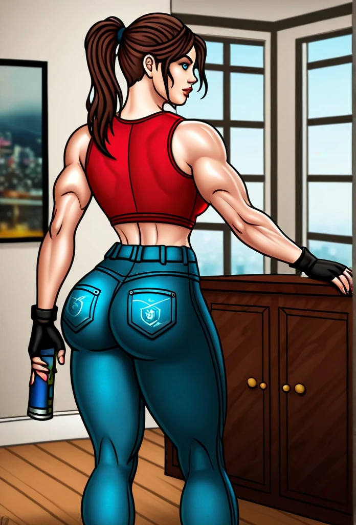 Masterpiece. detailed eyes, rabiestlagomorph, messy brown hair, hair tied back in bun, light blue eyes, busty, turquoise deep cut collared shirt, crop top, short sleeves, magenta booty shorts, slender, choker