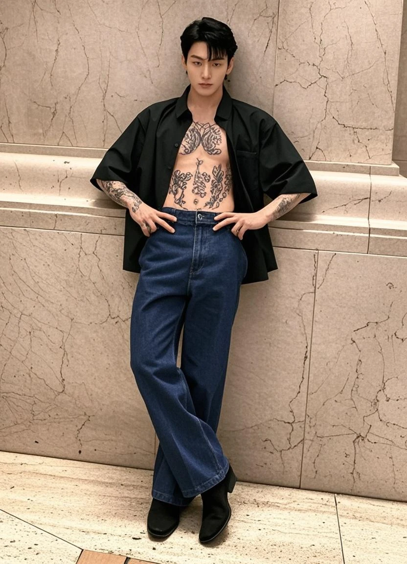 Full body picture of a young woman with androgynous Short blonde hair standing, in the style of trench coat, flat chest, androgynous body with few arm tattoo, baggy denim pants, zeiss planar t* 88mm f/2.8, kodak portra, uhd image, sovietwave, distinct facial features,