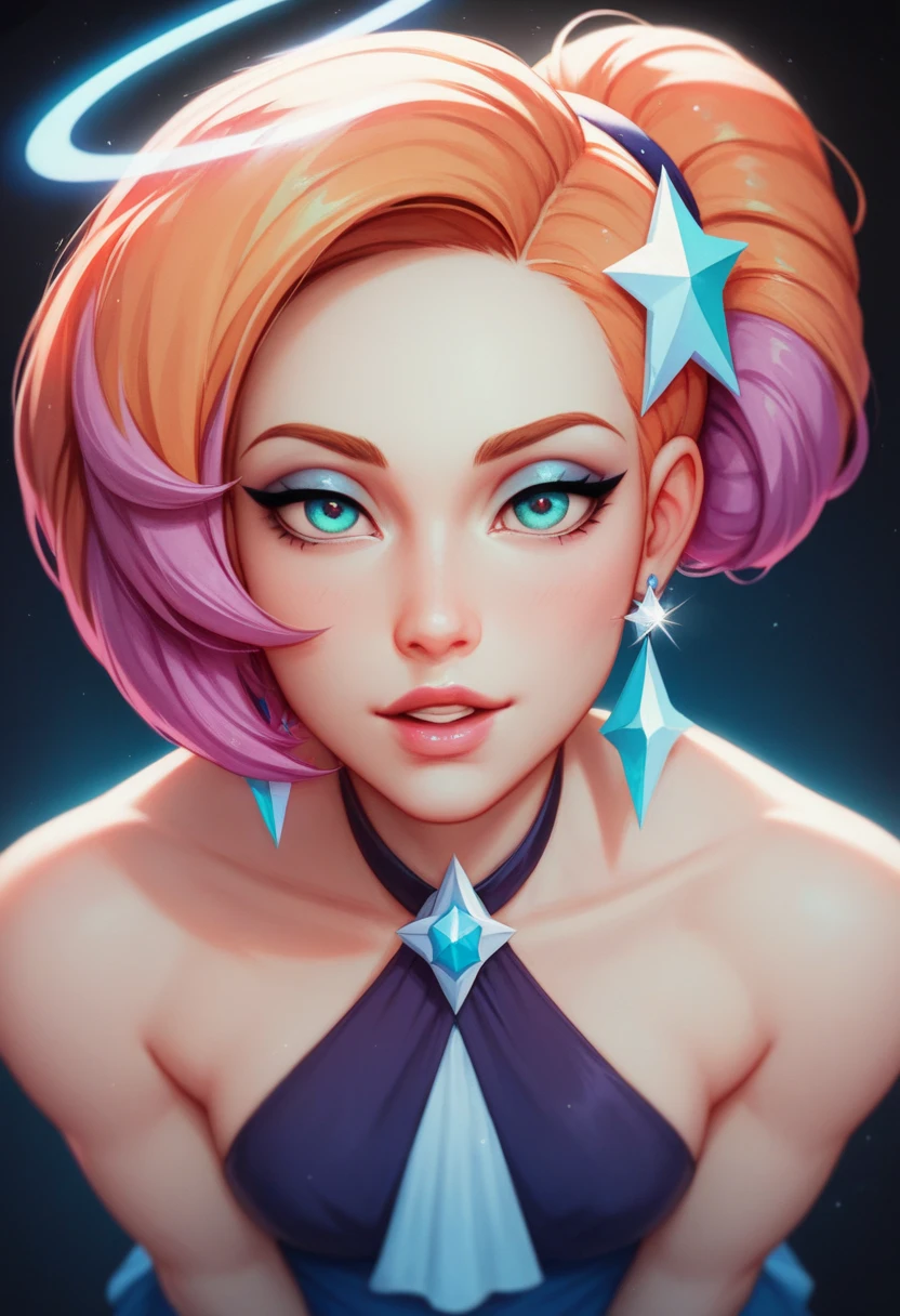 8K, photo shot from above, highly-detailed, girl standing, infront of a big magic flaming orb, intense expression, wearing a witch dress, red hair styled in a ponytail, cleavage, [Dumbledore|Radcliffe], fantasy-style castle with purple and blue hues, surrounded by magical energy, low lighting, special effects, 3d render