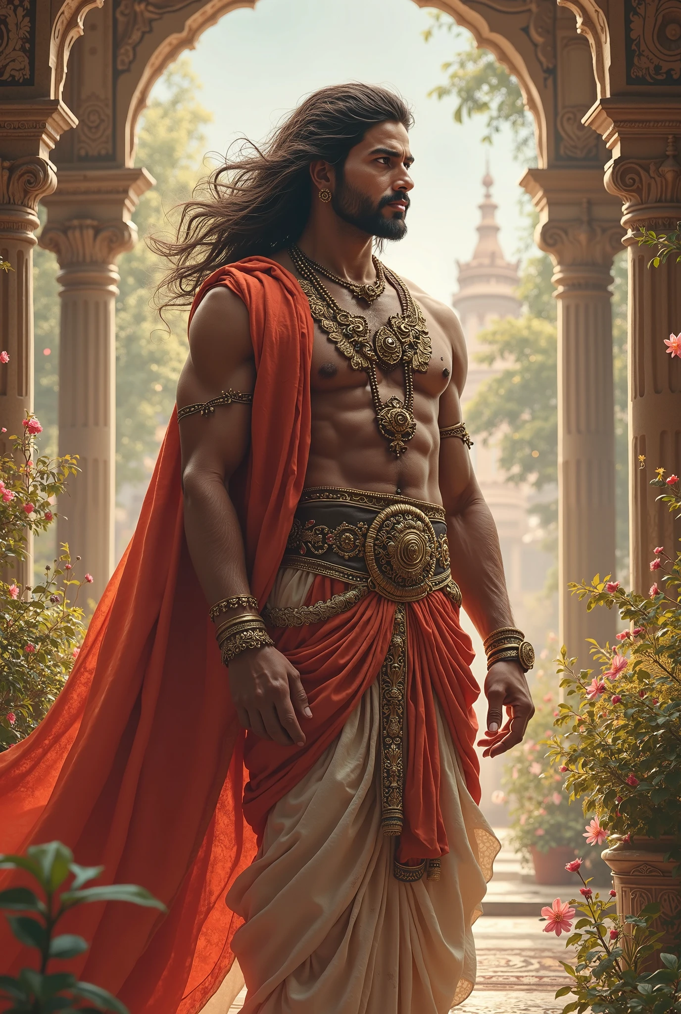 Create an image of karna from mahabharata wearing shiny maroon color costume