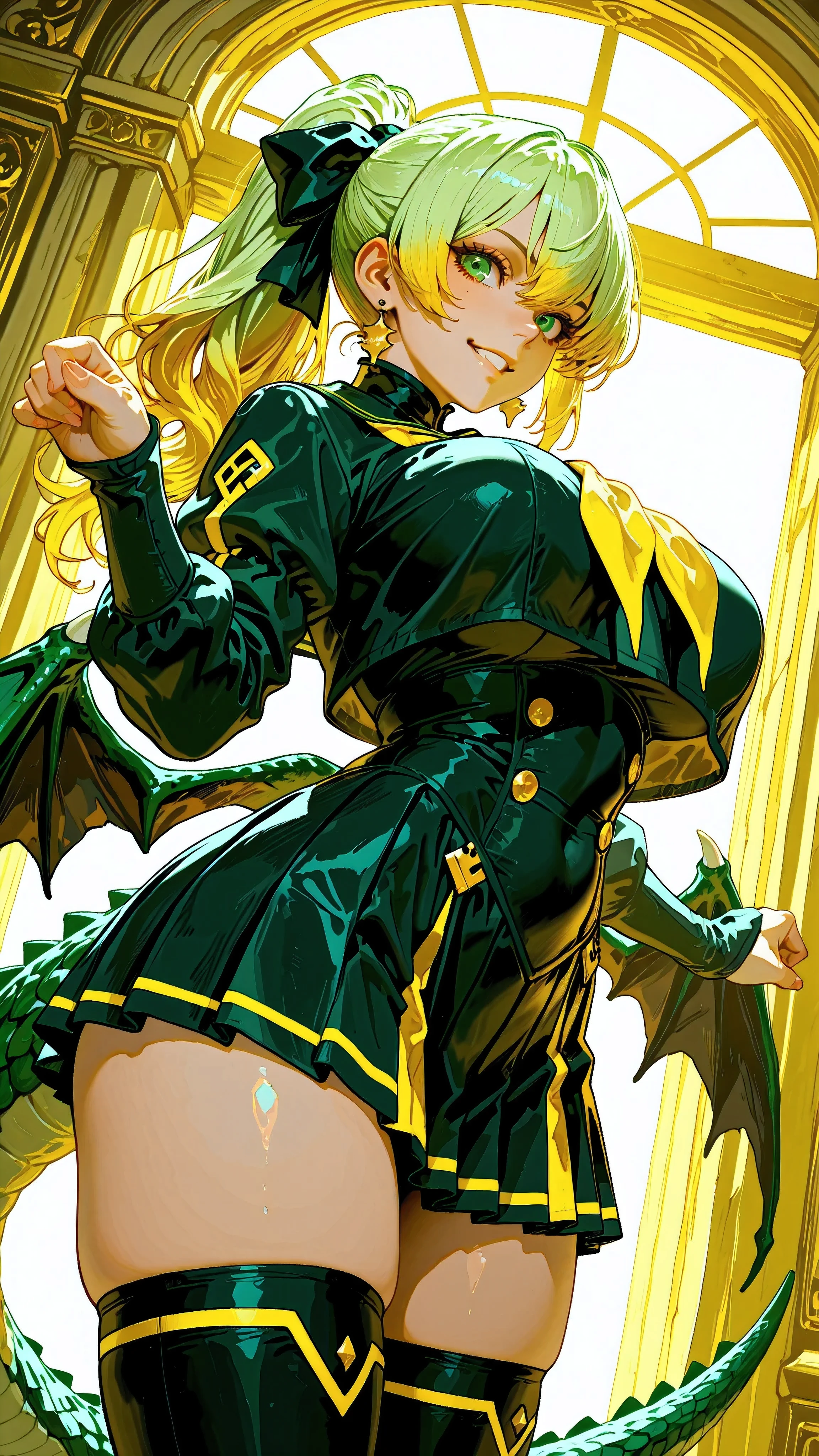 (Very refined),Distorted Daredevil Alligator Gal Girl is characterized by,fine,Very thin ,is characterized by having sharp green gray eyes with a fearless face that has never been seen,(Isekai School Background:1.2),(tall),(166cm:1.1),BREAK BON CUBON,EXTRA BIG BREASTS,tight, muscular body,Tight Lower Stomach,(Thick toes and soles:0.9),BREAK Smooth, Shiny, Light, and Beautiful Skin,(light green,gray,yellow,multicolor,Gradient Colored Hair Girl),(ferocious side long ponytail hair),Sharp bangs,BREAK (The strong light green and yellow tsundere little devil mode long sailor coordination),(Magnificent, ultra-precise clothing with a crocodile feel for each joint),Big fluttering filet-shaped ribbon,BREAK (Detailed Gothic Sailor Short Skirt),Wacky Crocodile Gal Short Boots,Little Devil Crocodile Loose Socks,BREAK Inner Scaled Pichi Pichi Thigh High Socks,Little Devil's Small Waist Wings Made of Crocodile Scales,Amazon Earrings,BREAK (Alligator Gal Makeup:0.8),(Little devil pose:1.2),(Upper body side angle :1.2),BREAK (God's miracle masterpiece:1.2,BREAK Highest quality,high quality:1.2,Unity 8k)