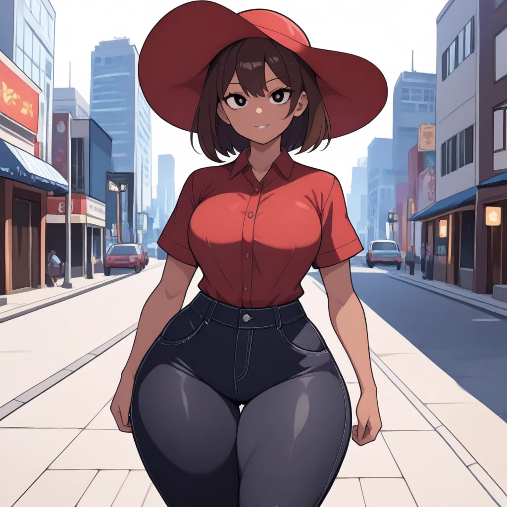 (masterpiece:1.4), (best quality), (detailed), (8k), inzaniak, (solo, 1girl, cowboy shot), (sidewalk, city), boss, (black eyes:1.2), small breasts, (wide hips, thick thighs:1.3), (dark skin:0.8), brown hair, sidelocks, double bun, visor cap, red headwear, collared shirt, red shirt, short sleeves, black jeans, shirt tucked in,
