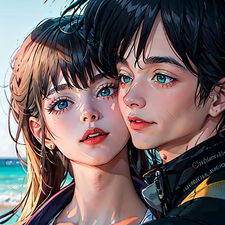 Girl with black hair,bun in hair, red lock in bangs on right side of hair, blue eyes,red eyeglasses, and kissing blonde haired man,blue eyes,eyeglasses,white suit on a beach, 4k ultra realistic --auto --s2