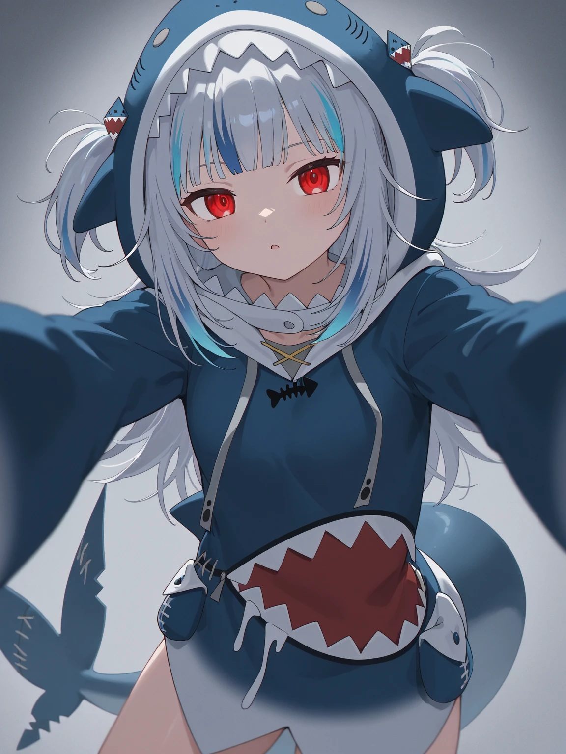 best quality, intricate details, 1girl, white hair, blue eyes, sharp eyes,messy hair, blue highlights, sharp teeth, blue hoodie, shark teeth design, bare legs, hair ornament, gawr gura, shark girl, shark tail, shark print, blue hoodie, sharp teeth, animal hood, shark hair ornament,