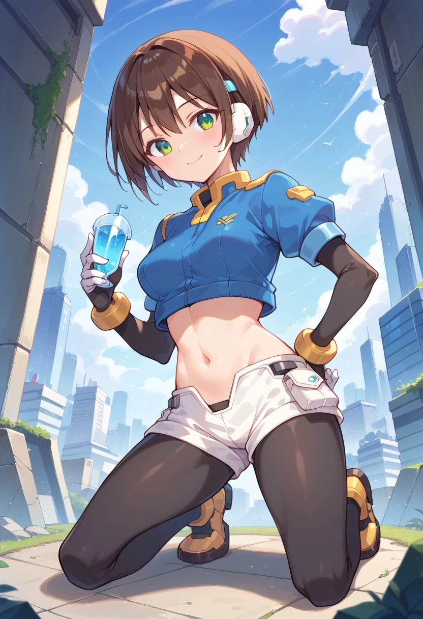 aile_megamanzx, kneeling with one hand on the ground and the other arm raised, 1girl, solo, short hair, brown hair, short sleeves, (bodysuit), robot ears, green eyes, short_shorts, short sleeves, short over long sleeves, smile, in futuristic city, , high quality, medium_breasts,crotch, slouch