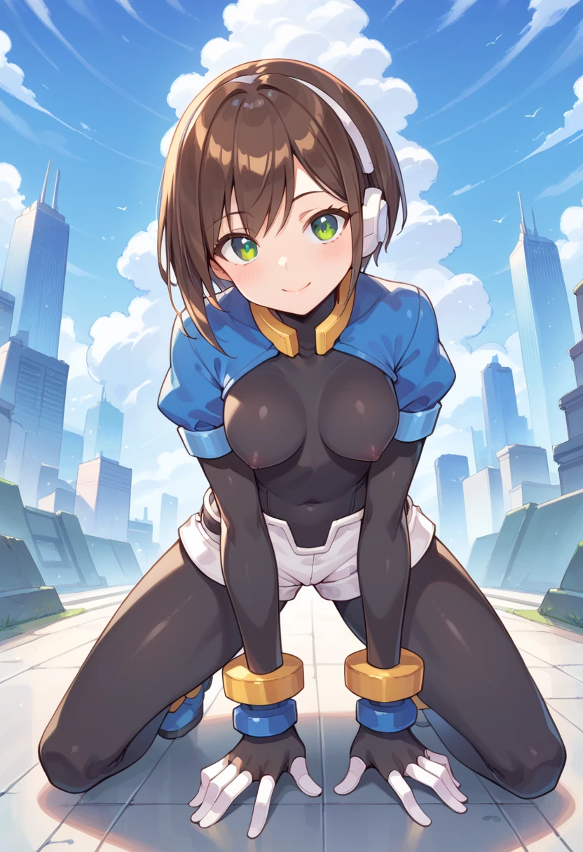 Aile_megamanzx, 1 girl, looking at viewer, Brown hair, green eyes ,City background , Blushed, Wet Vagina
