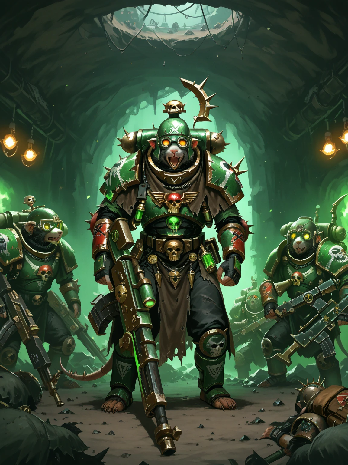 A digital painting of a Skaven from Warhammer Fantasy. The Skaven is depicted as a bipedal rat-like creature with grey fur and a long, scaly tail. It is wearing a tattered brown cloak and a metal helmet with a pair of goggles. It is also carrying a variety of gadgets and a backpack full of alchemical potions. The Skaven is standing in a dark, underground chamber, surrounded by piles of garbage and debris. The air is thick with the smell of decay and the sound of dripping water. Holding a las rifle, Warhammer 40k, high quality, best quality, masterpiece,