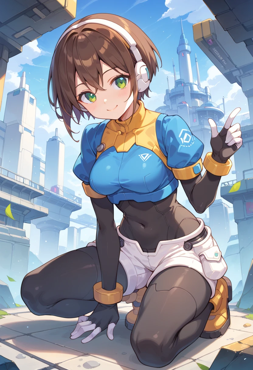 aile_megamanzx, kneeling with one hand on the ground and the other arm raised, 1girl, solo, short hair, brown hair, short sleeves, (bodysuit), robot ears, green eyes, short_shorts, short sleeves, short over long sleeves, smile, in futuristic_city_landscape, , high quality, medium_breasts,crotch, slouch,(covered_nipples:0.6), laugh,smile,open_mouth.