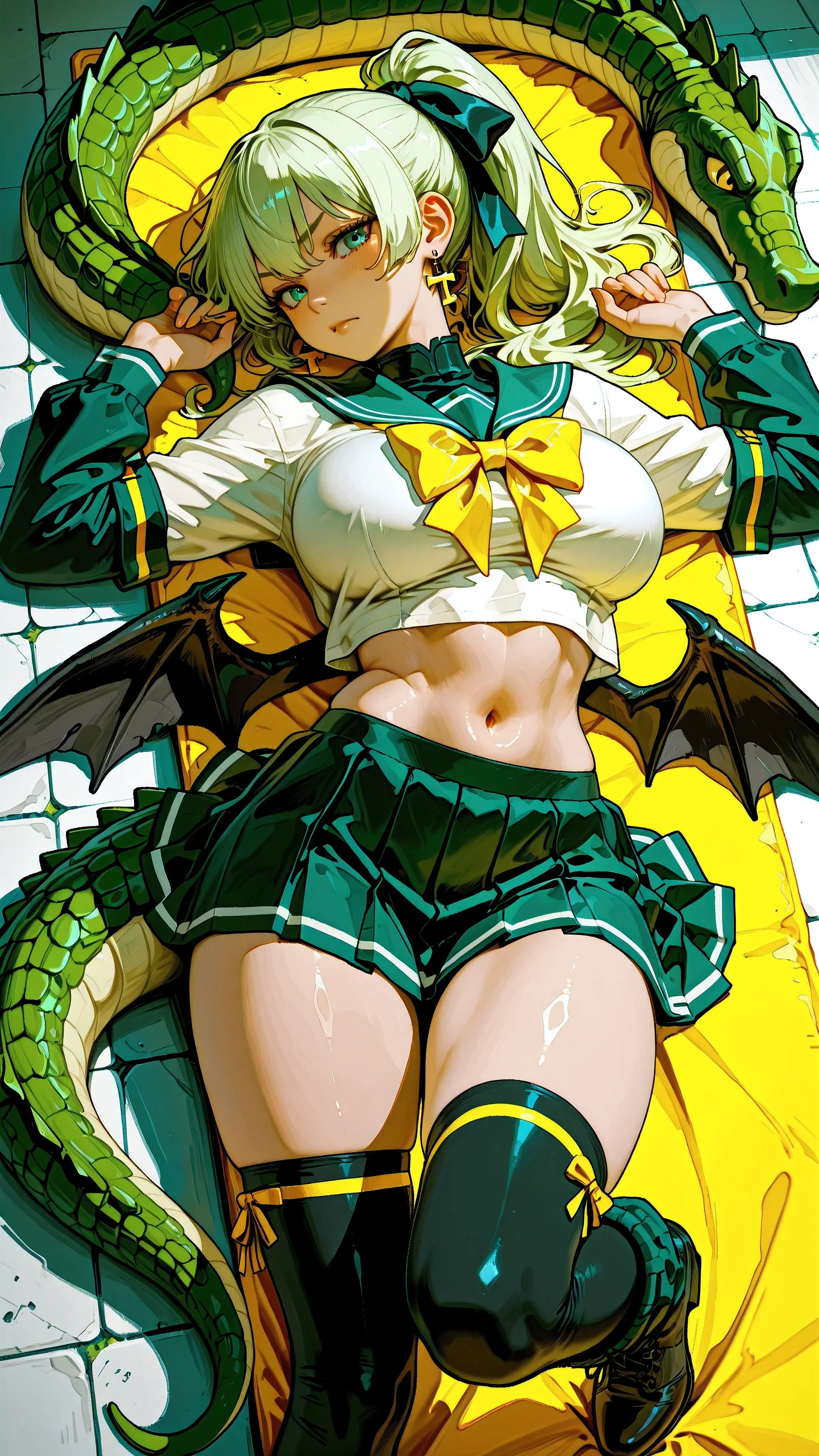 (Very refined),Distorted Daredevil Alligator Gal Girl is characterized by,fine,Very thin ,is characterized by having sharp green gray eyes with a fearless face that has never been seen,(Isekai School Background:1.2),(tall),(166cm:1.1),BREAK BON CUBON,EXTRA BIG BREASTS,tight, muscular body,Tight Lower Stomach,(Thick toes and soles:0.9),BREAK Smooth, Shiny, Light, and Beautiful Skin,(light green,gray,yellow,multicolor,Gradient Colored Hair Girl),(ferocious side long ponytail hair),Sharp bangs,BREAK (The strong light green and yellow tsundere little devil mode long sailor coordination),(Magnificent, ultra-precise clothing with a crocodile feel for each joint),Big fluttering filet-shaped ribbon,BREAK (Detailed Gothic Sailor Short Skirt),Wacky Crocodile Gal Short Boots,Little Devil Crocodile Loose Socks,BREAK Inner Scaled Pichi Pichi Thigh High Socks,Little Devil's Small Waist Wings Made of Crocodile Scales,Amazon Earrings,BREAK (Alligator Gal Makeup:0.8),(Tsundere Little Devil Pose),(Top Down Angle:1.2),BREAK (God's miracle masterpiece:1.2,BREAK Highest quality,high quality:1.2,Unity 8k)