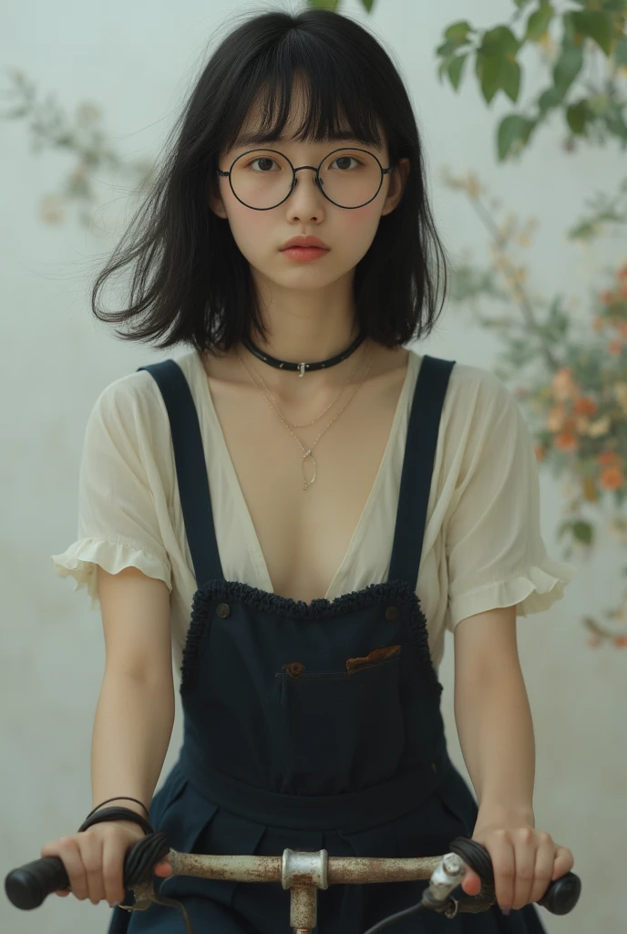 Photo of a beautiful woman standing on a street corner, (masterpiece:1.2, highest quality), (Realistic, photoRealistic:1.4), Beautiful illustrations, (Natural Side Lighting, Cinema Lighting), Written boundary depth, Beautiful thighs staring at the viewer, (((Face Focus, Upper Body))), 1 female, 30-year-old, alone, thin, slender, small breasts!!!, Long Hair, Straight Hair, thin, slender, (((glasses))), White blouse with formal collar, Skinny black pants, Are standing, New York 25th Street, glasses