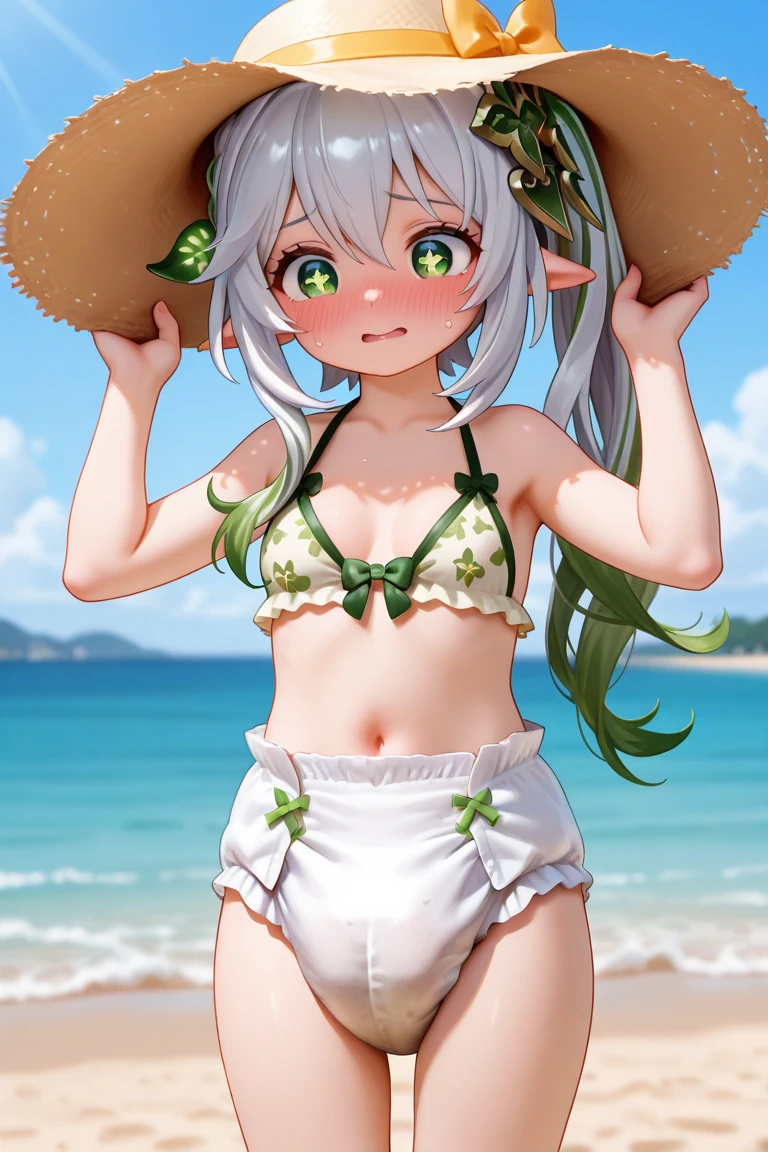 score_9,score_8_up,score_7_up, source_cartoon, source_furry, rabbit girl, rabbit tail, Green hair, short hair, long side hair, furry, blush, looking at viewer, smile, 1girl, rabbit ears, furry female, Pink skin, pink fur, light beige fur, two-tone body, two-tone fur, ((hairband, bright green strapless fringed bandeau bikini)), pool, blush, looking at viewer, standing, red eyes, solo, anthro, small breasts, cheek tuft, eyelashes, eyelids, facial tuft, navel, full body, feets with three toes, 3 toes, sit on pool, clear sky,